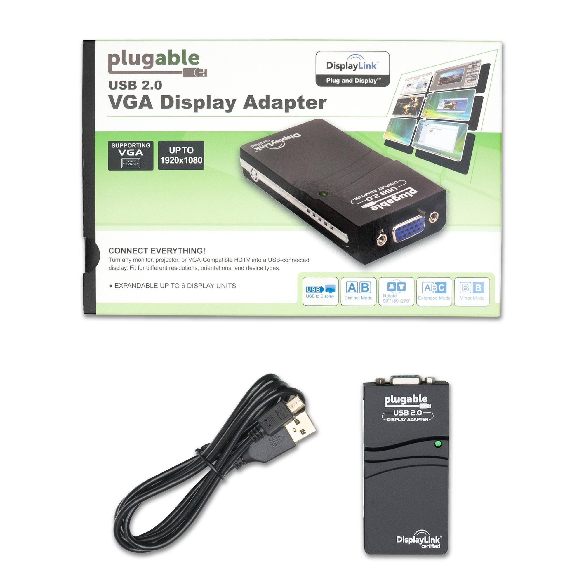 plugable DisplayLink (H Plug and Display) USB 2.0 VGA Display Adapter SUPPORTING VGA UPTO 1920x1080 - DisplayLink certified

CONNECT EVERYTHING! Turn any monitor, projector, or VGA-Compatible HDTV into a USB-connected display. Fit for different resolutions, orientations, and device types.

EXPANDABLE UP TO 6 DISPLAY UNITS

USB 2.0 DISPLAY ADAPTER DisplayLink certified