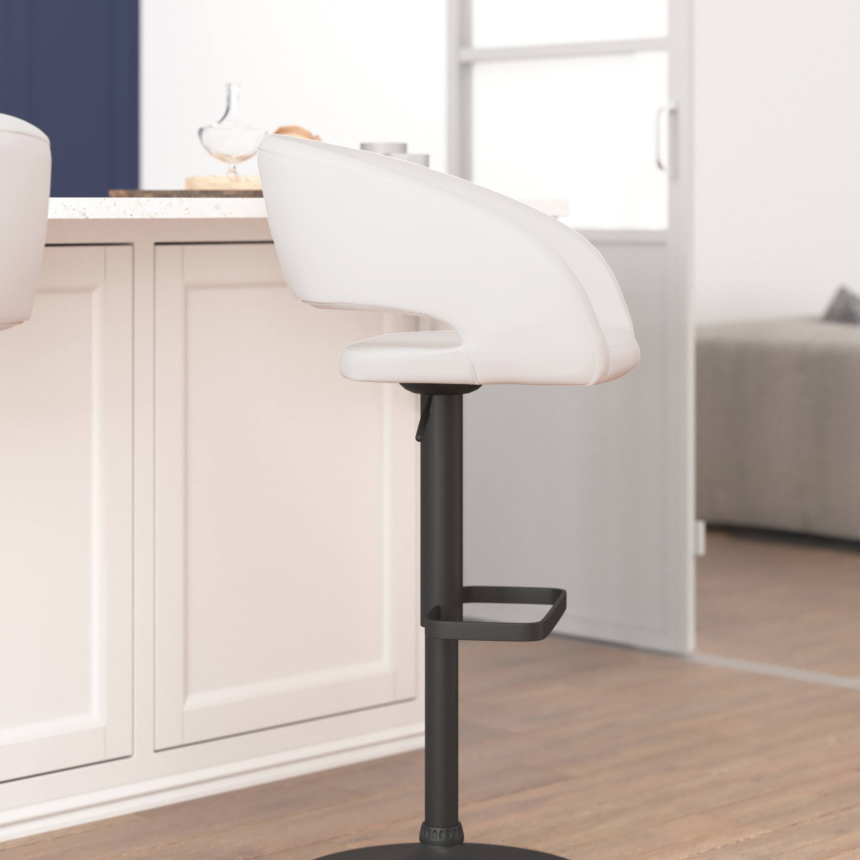 Alt View 3. Emma + Oliver - Shae Contemporary Upholstered Adjustable Height Barstool with Rounded, Cutout Mid-Back and Pedestal Base - White Vinyl/Black Frame.