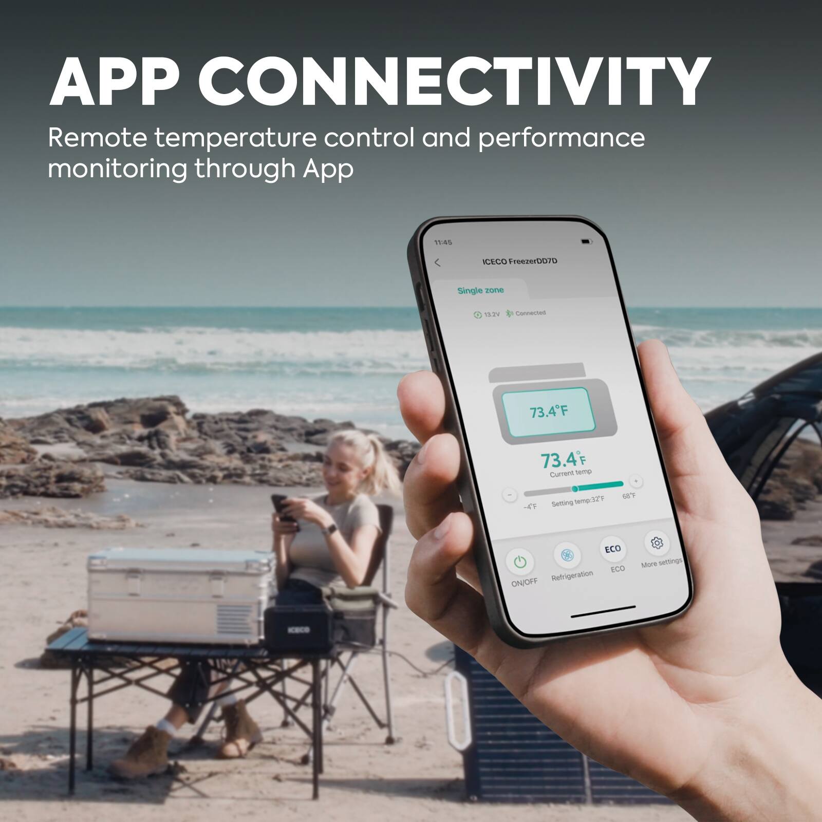 APP CONNECTIVITY  
Remote temperature control and performance monitoring through App  

ICECO FreezerD7D  
Single zone  
13.2V 3.2A Connected  

73.4°F  
Current temp  

-4°F  
Setting temp 32°F  

ON/OFF  
Refrigeration  
ECO  
More settings