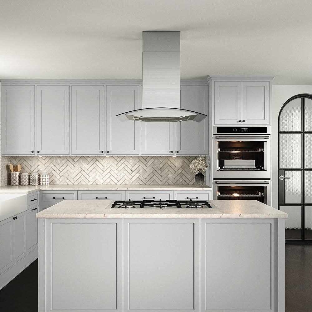 Left. Streamline - 30 in. Langosco Convertible Island 350 CFM Range Hood, Mesh Filters, Touchpad Control, LED Lights - Brushed Stainless Steel.