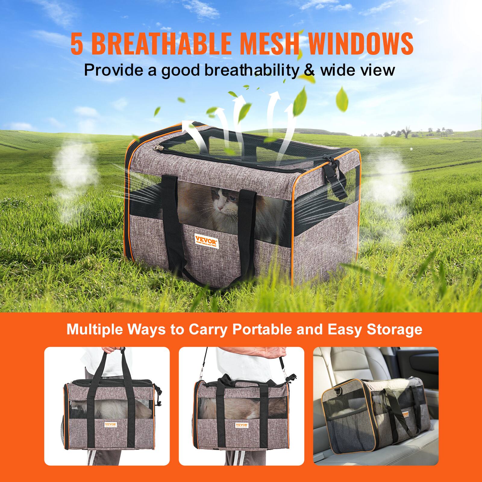 5 BREATHABLE MESH WINDOWS  
Provide a good breathability & wide view  

Multiple Ways to Carry Portable and Easy Storage