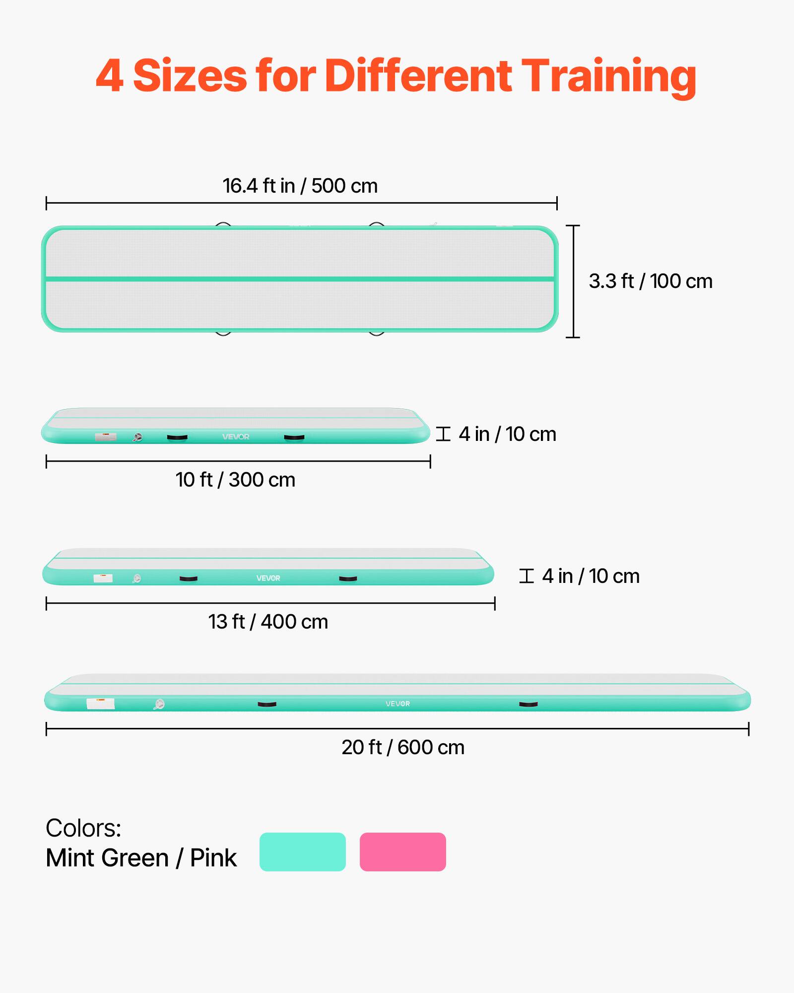 4 Sizes for Different Training

16.4 ft in / 500 cm
3.3 ft / 100 cm

VEVOR
I 4 in / 10 cm
10 ft / 300 cm

VEVOR
I 4 in / 10 cm
13 ft / 400 cm

VEVOR
20 ft / 600 cm

Colors: Mint Green / Pink