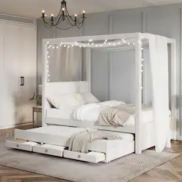 Loheer - Full Size Canopy Bed Upholstered Platform Bed with Trundle and 3 Storage Drawers Pine Wood Bed Frame - Beige