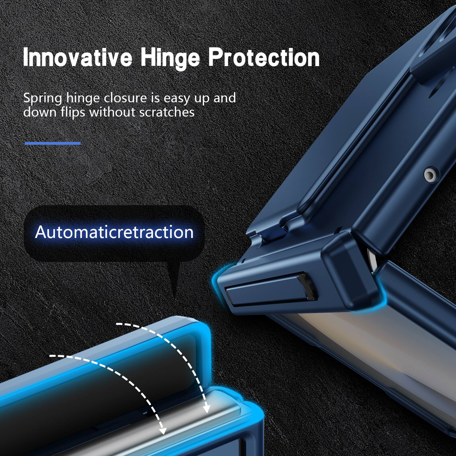 Innovative Hinge Protection

Spring hinge closure is easy up and down flips without scratches

Automatic retraction
