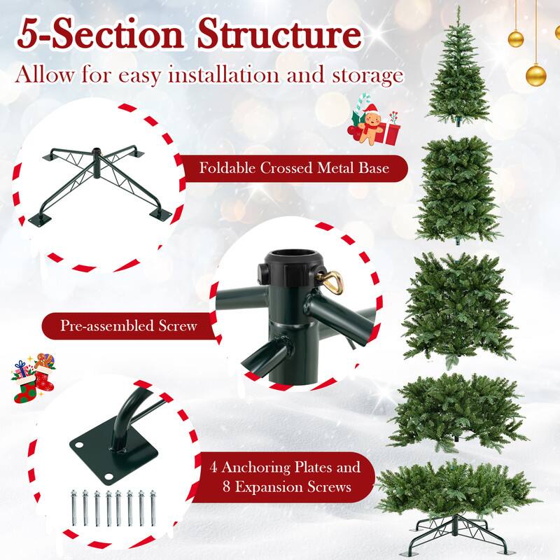 5-Section Structure  
Allow for easy installation and storage  

Foldable Crossed Metal Base  

Pre-assembled Screw  

4 Anchoring Plates and 8 Expansion Screws