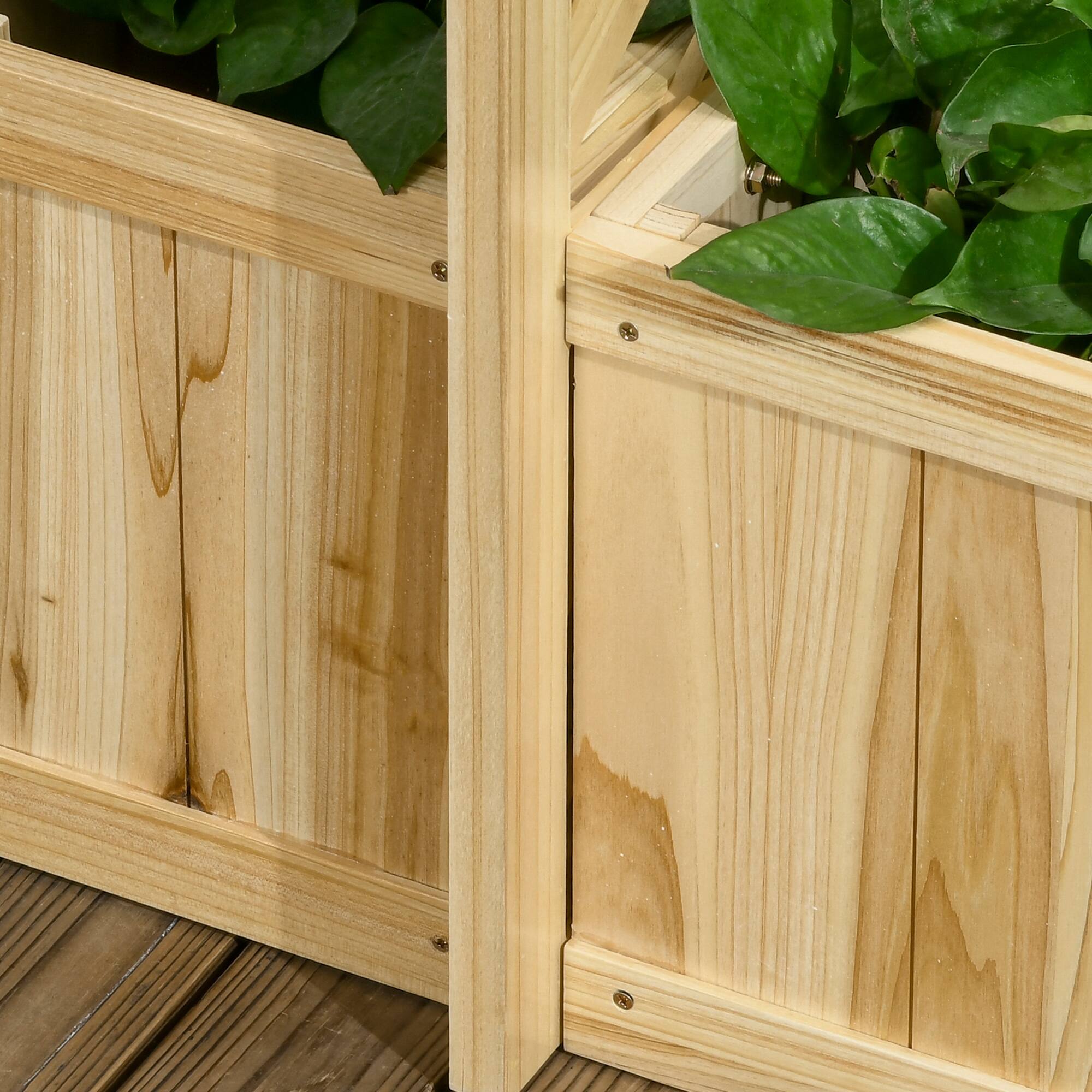 Alt View 8. Outsunny - Decorative Outdoor Privacy Screen, Freestanding Divider/Separator with 4 Self-Draining Planters - Natural wood finish.