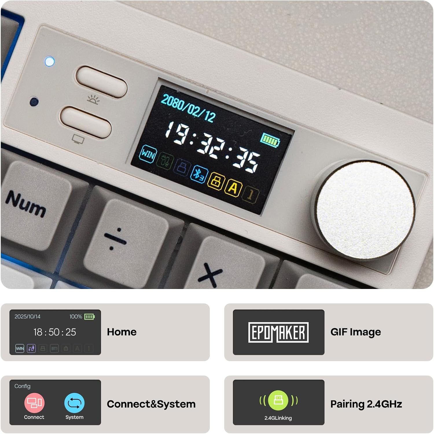 Num 2080/02/12 19:32:39 111I0 WIN 80 3 A 1 X 2025/10/14 100% H 18:50:25 18 WIN B1 A I Home O AKER GIF Image Config Connect Connect&System System 24GLinking Pairing 2.4GHz