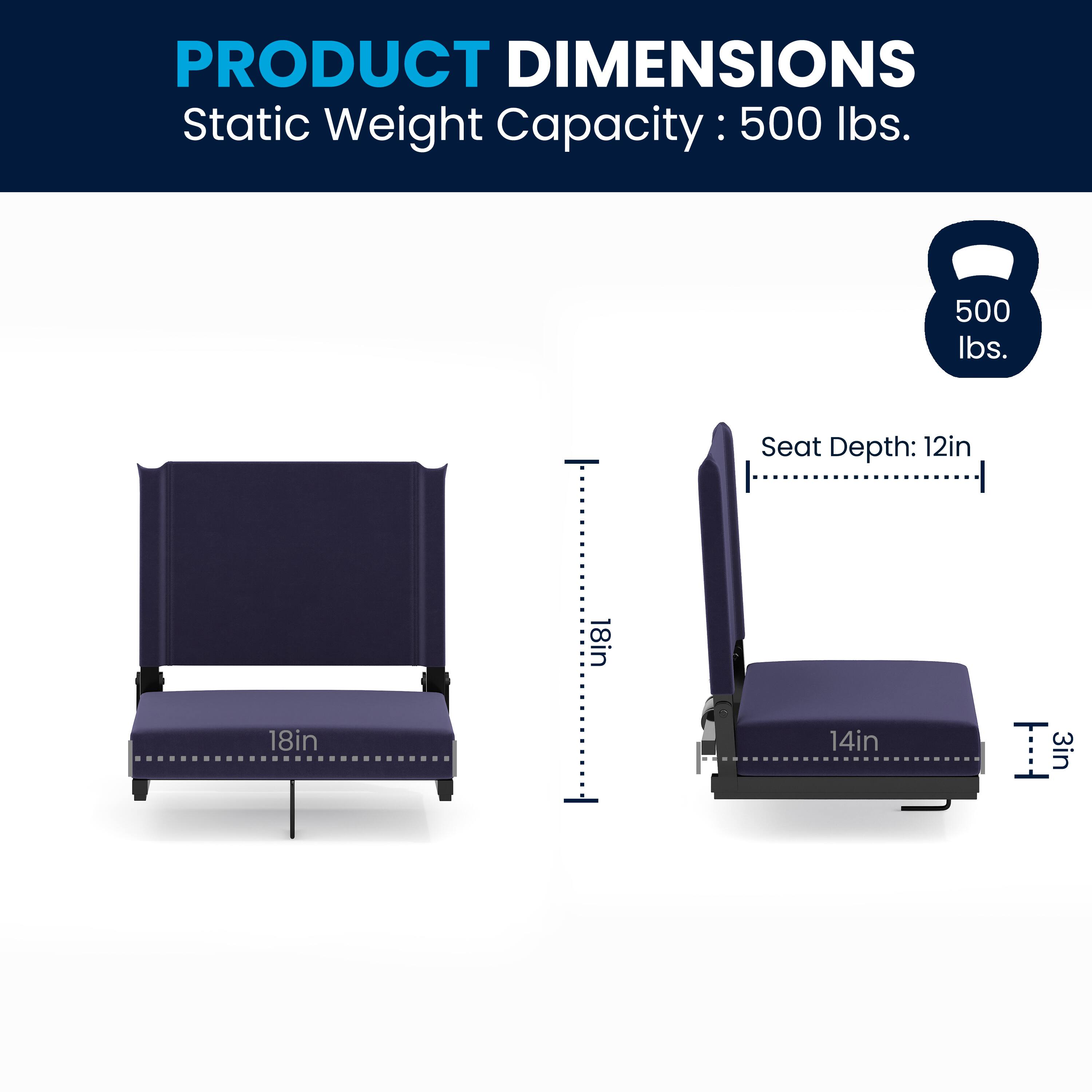 PRODUCT DIMENSIONS  
Static Weight Capacity: 500 lbs.  
Seat Depth: 12in  
Seat Width: 18in  
Seat Height: 14in  
Seat Thickness: 3in