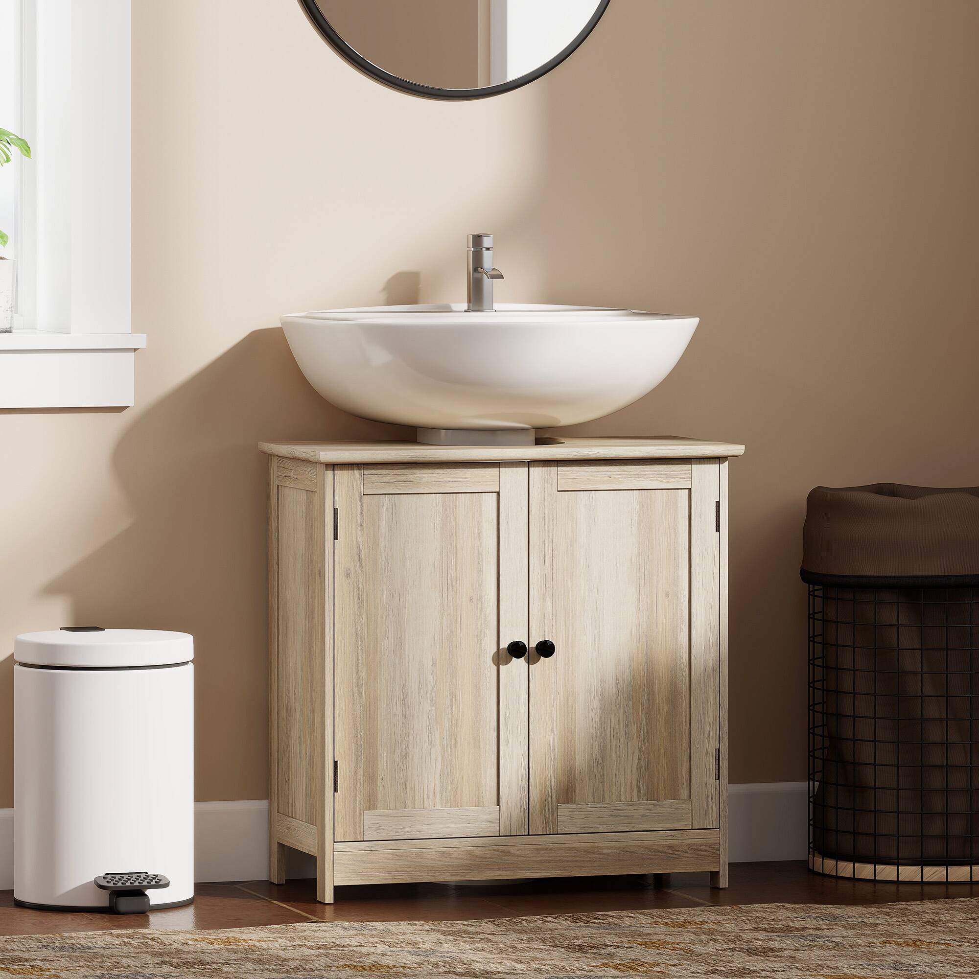 Angle. Homcom - Under Sink Bathroom Cabinet, Pedestal Sink Storage Cabinet with 2 Doors, Shelf and U-Shape - Weathered Gray Oak.