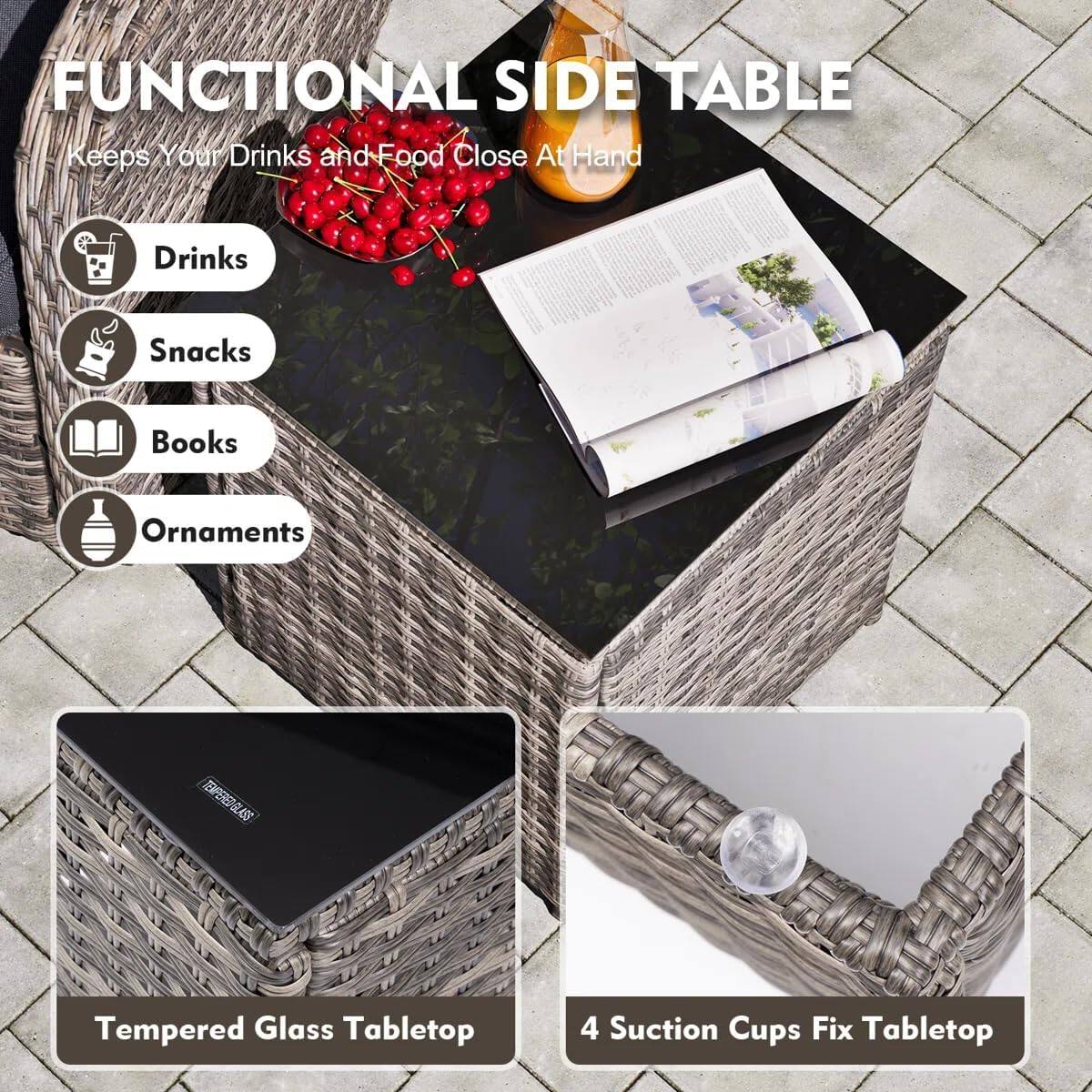 FUNCTIONAL SIDE TABLE  
Keeps Your Drinks and Food Close At Hand

- Drinks
- Snacks
- Books
- Ornaments

Tempered Glass Tabletop

4 Suction Cups Fix Tabletop