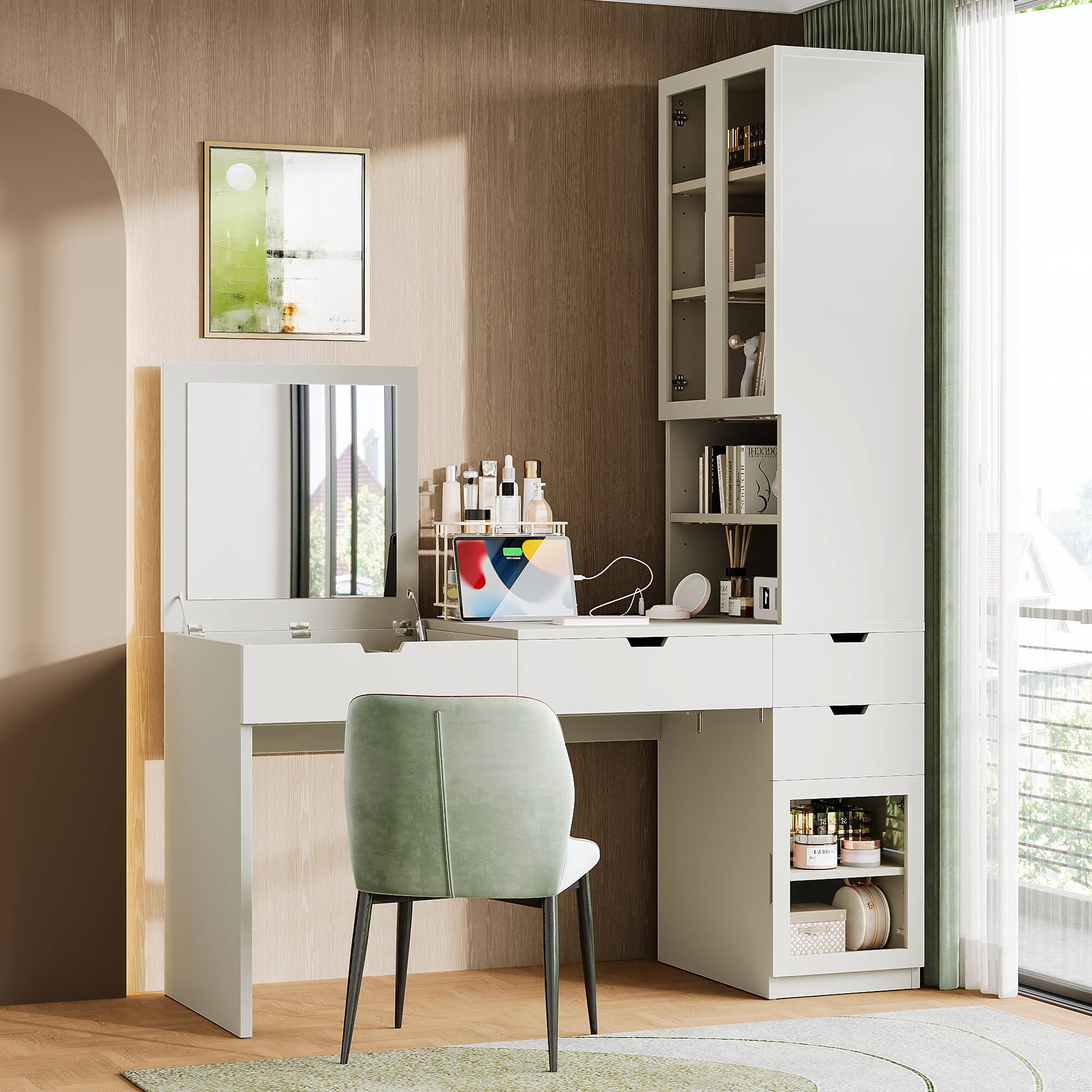 Angle. Tiramisubest - Versatile Vanity & Computer Desk with Mirror,Charging Station,Hidden Compartments,3 Drawers,2 Cabinets and Shelves,White - White.