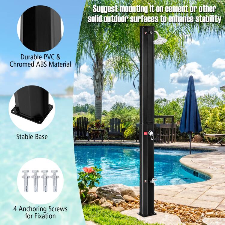 Suggest mounting it on cement or other solid outdoor surfaces to enhance stability.  
Durable PVC & Chromed ABS Material.  
Stable Base.  
4 Anchoring Screws for Fixation.