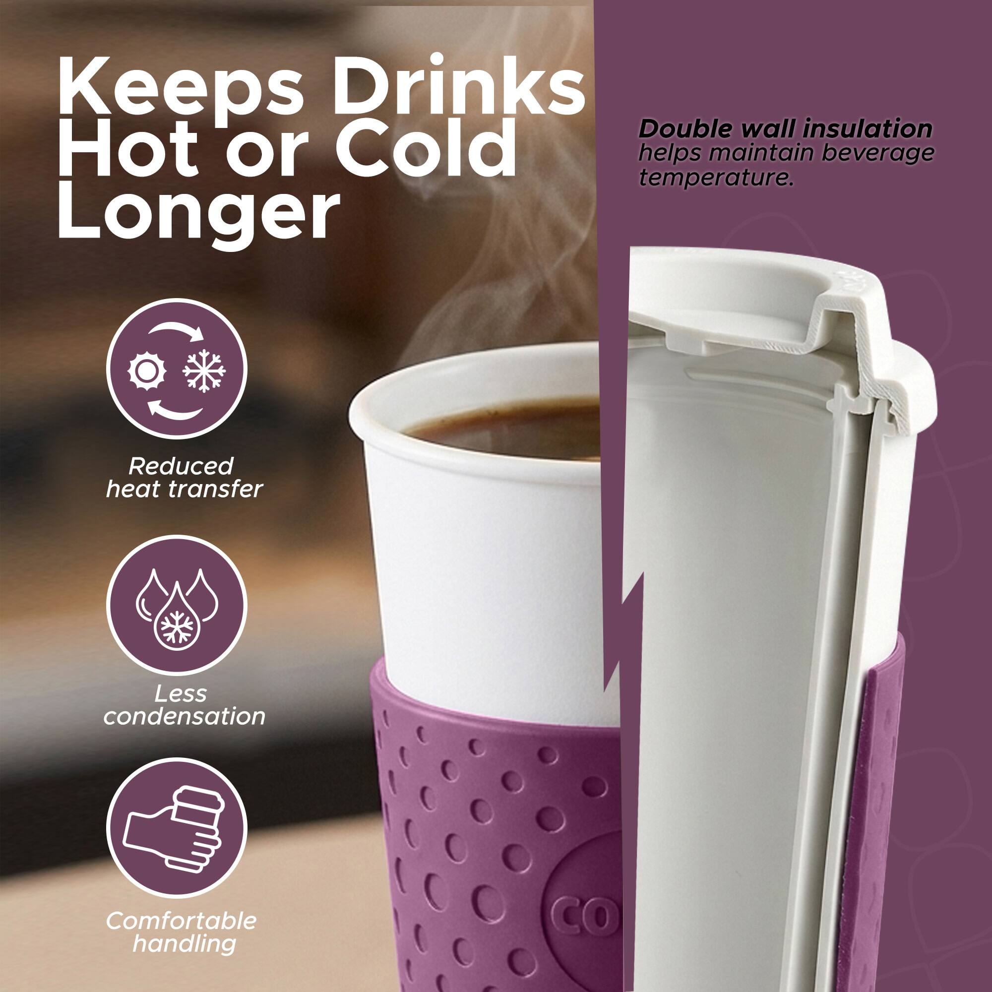 Keeps Drinks Hot or Cold Longer

Double wall insulation helps maintain beverage temperature.

- Reduced heat transfer
- Less condensation
- Comfortable handling