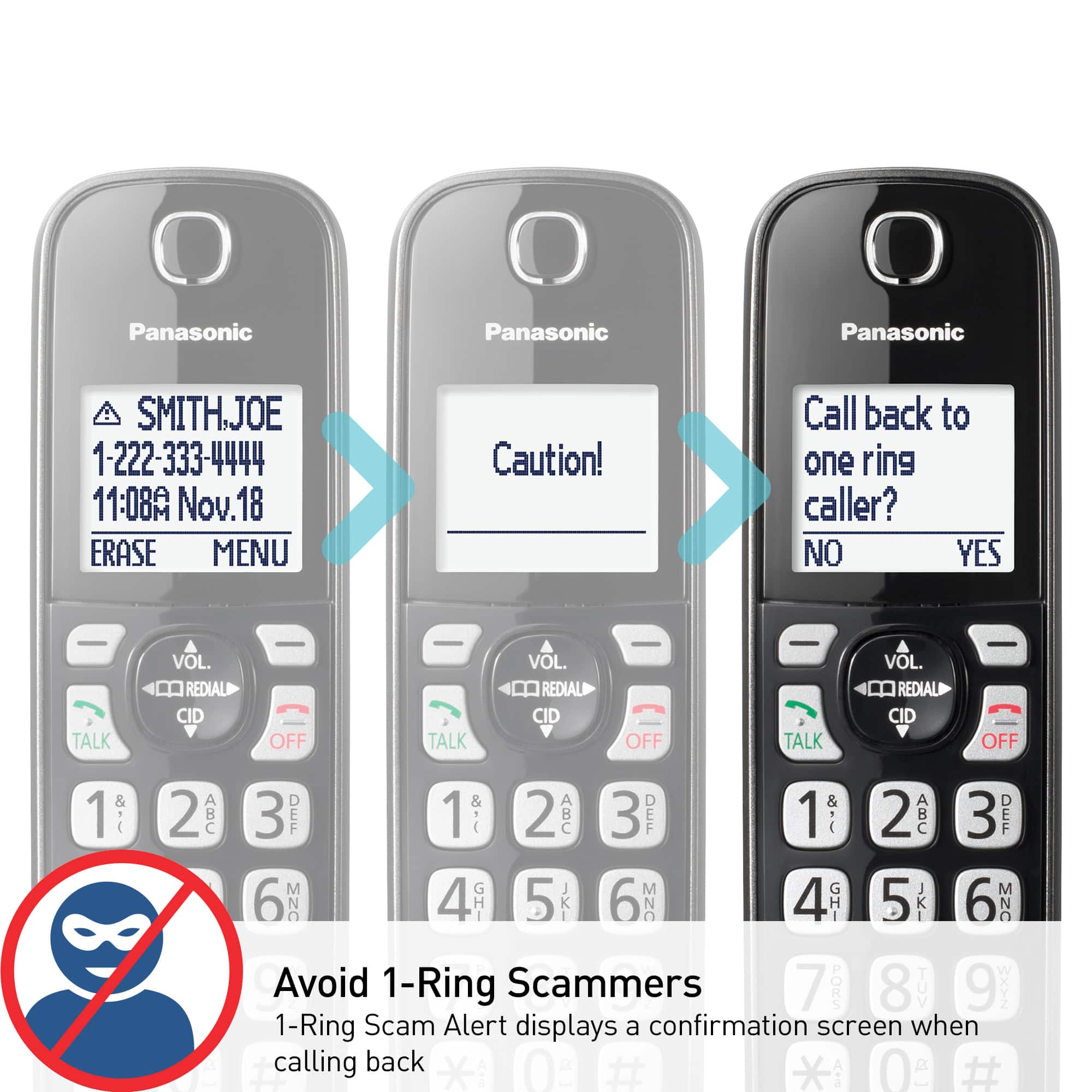 Panasonic Panasonic Panasonic SMITHJOE 1-222-333-4444 11:08A Nov.1 18 ERASE MENU Caution! Call back to one ring caller? NO YES - TALK VOL. REDIAL CID OFF TALK VOL. REDIAL CID OFF TALK VOL. REDIAL CID OFF 1 & 4 2 ABC 3 DEF 1 - 2 AB 3 DEF 6 1 4 GHI 5 JKI 6 MNO 4 GHI 5 JKI 6 N Avoid 1-Ring Scammers 7 PORS 8 TUV 9 ZX>N 1-Ring Scam Alert displays a confirmation screen when calling back.