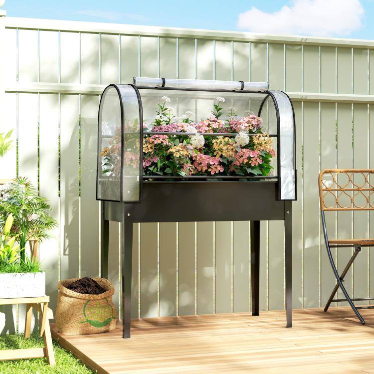 Alt View 1. PULUZ - Raised Garden Bed with Flip-Up Greenhouse Cover, Metal Elevated Garden Bed with Legs and Drainage Hole - Black.