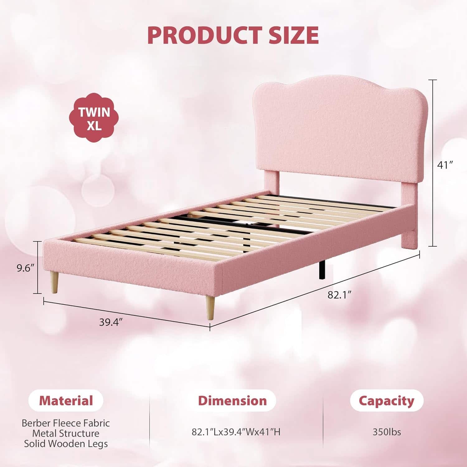 Homhougo - Toddler Twin XL Velvet Princess Bed, Scallop Headboard, Upholstered Platform, Wood Slats, No Box Spring - Pink