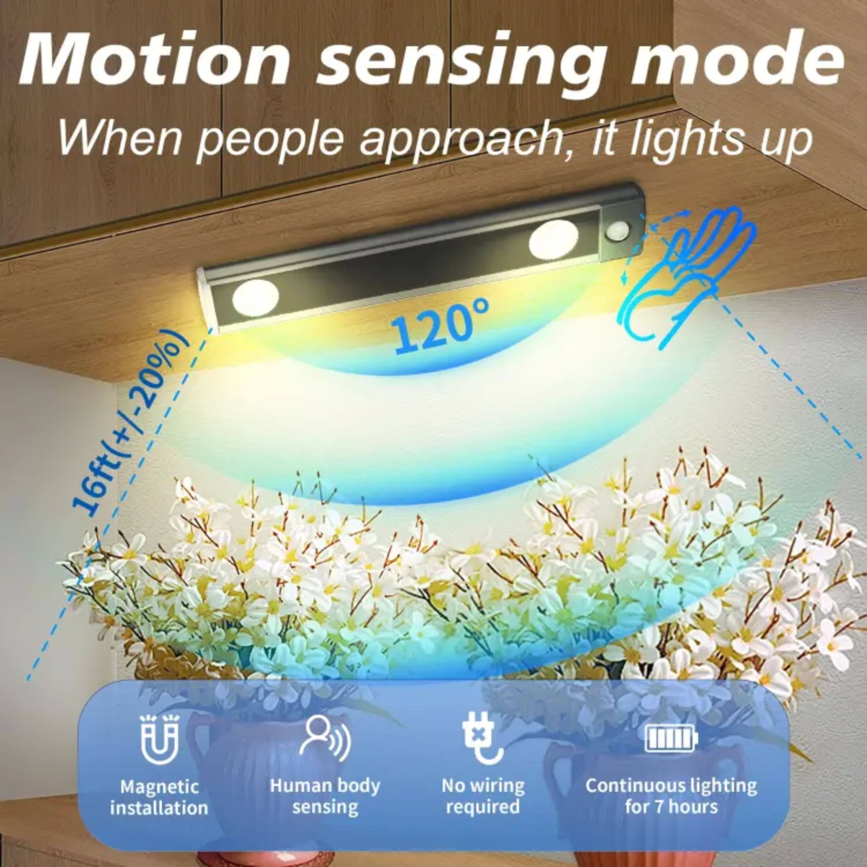 Motion sensing mode  
When people approach, it lights up  

16ft (+/-20%)  
120°  

Magnetic installation  
Human body sensing  
No wiring required  
Continuous lighting for 7 hours