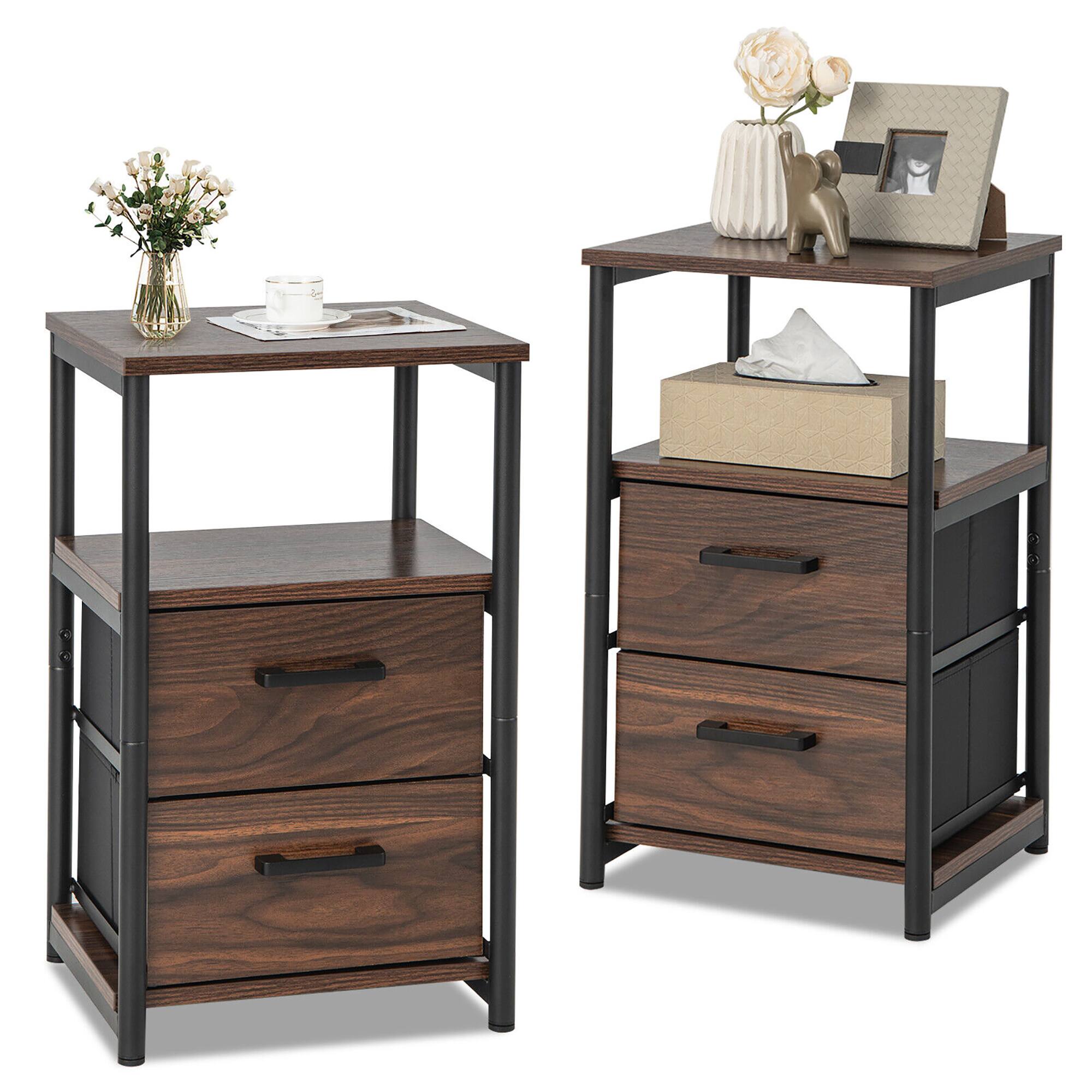 Gymax - 2PCS Nightstand Bedside End Table with 2 Fabric Drawers & Storage Shelf - Walnut & Black