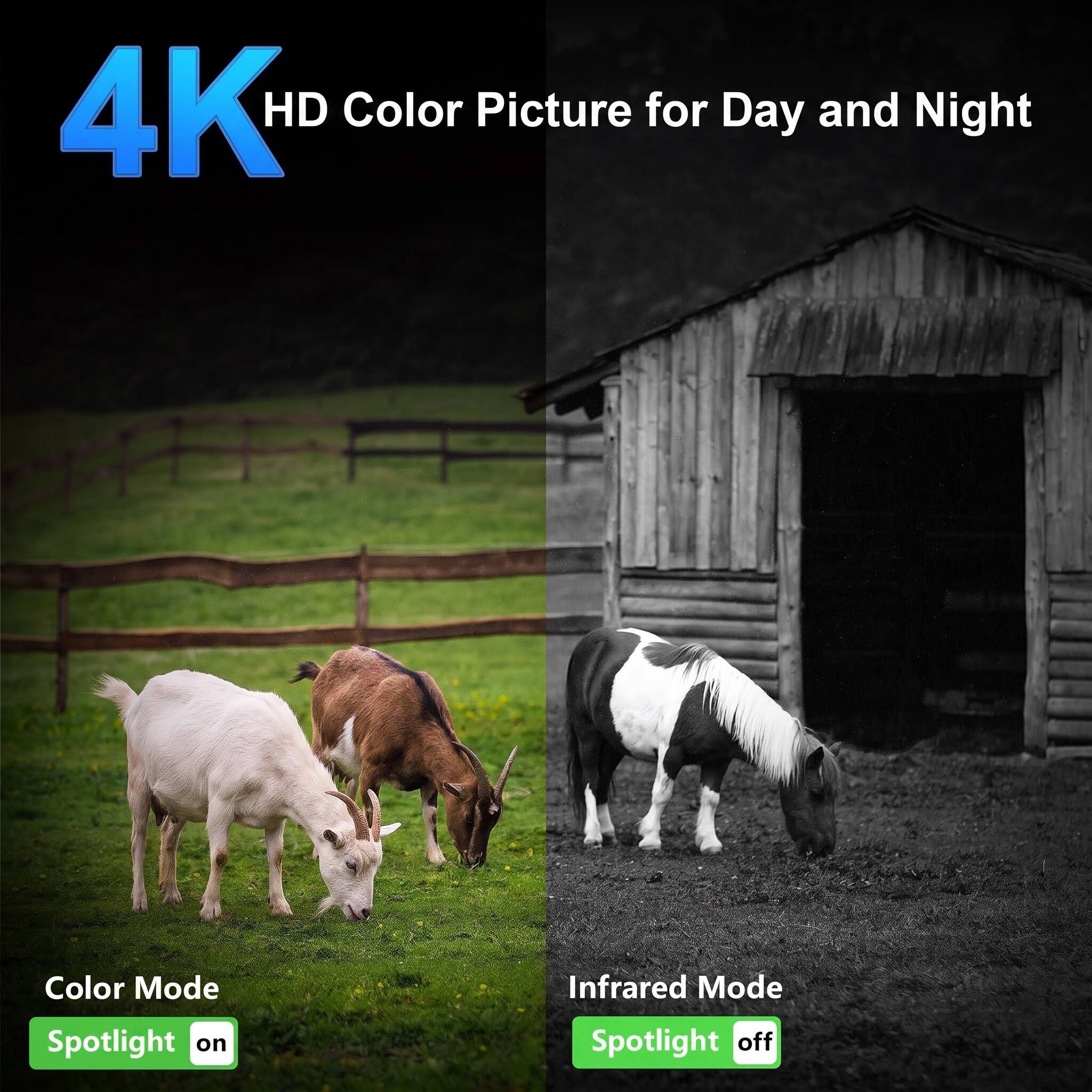 4K HD Color Picture for Day and Night

Color Mode
Spotlight on

Infrared Mode
Spotlight off