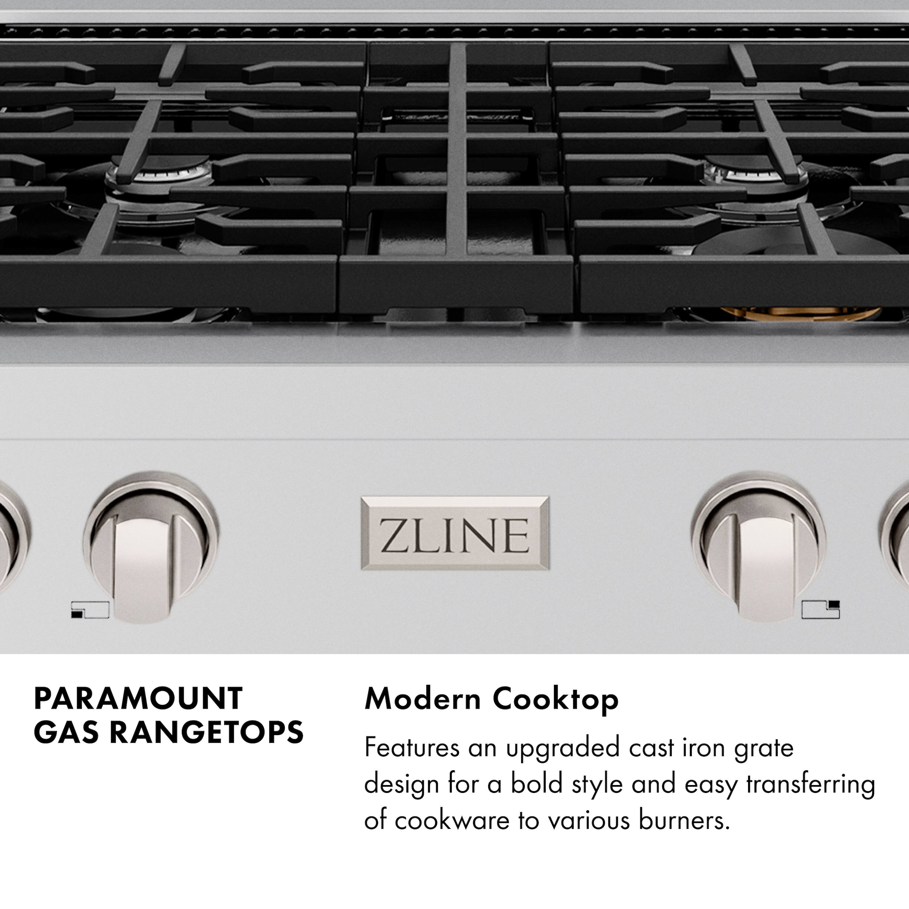 ZLINE PARAMOUNT Modern Cooktop GAS RANGETOPS Features an upgraded cast iron grate design for a bold style and easy transferring of cookware to various burners.