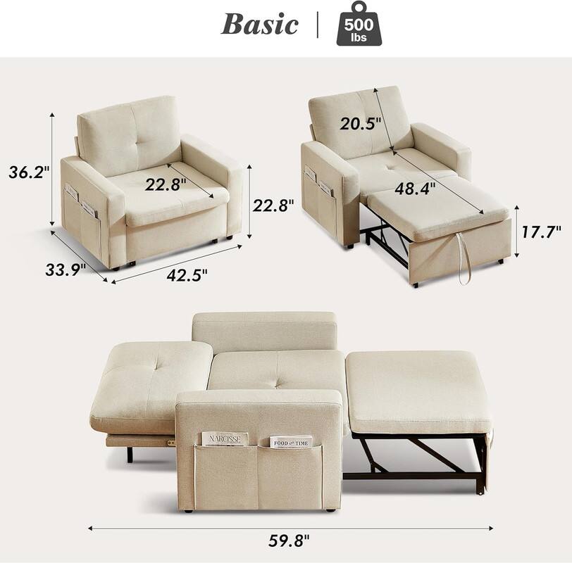 Basic  
500 lbs  

Dimensions:  
- Armchair: 22.8" W x 36.2" H x 42.5" D  
- Sofa: 59.8" W x 33.9" D  
- Recliner: 20.5" W x 48.4" L x 17.7" H  
- Ottoman: 22.8" W x 22.8" D x 17.7" H
