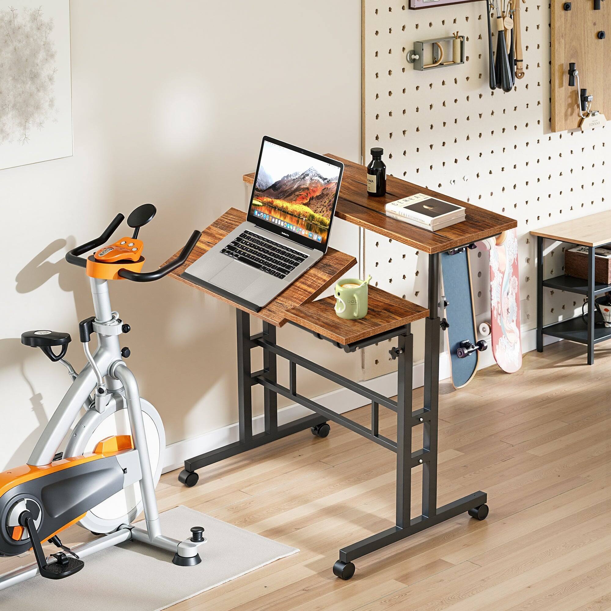 Alt View 1. Vecelo - Standing Desk Adjustable Height, Mobile Stand Up Desks with Wheels Small Computer Desk Rolling Desk, Home Office Desks - Brown.