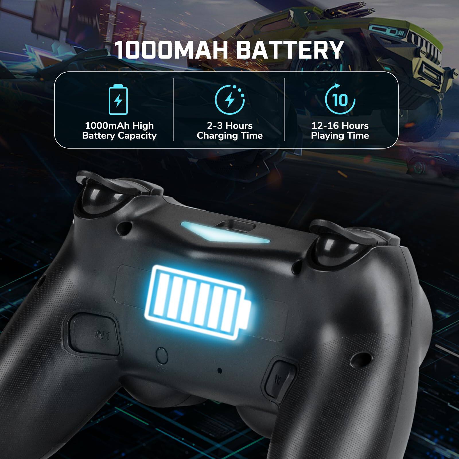 1000mAh Battery

- 1000mAh High Battery Capacity
- 2-3 Hours Charging Time
- 12-16 Hours Playing Time