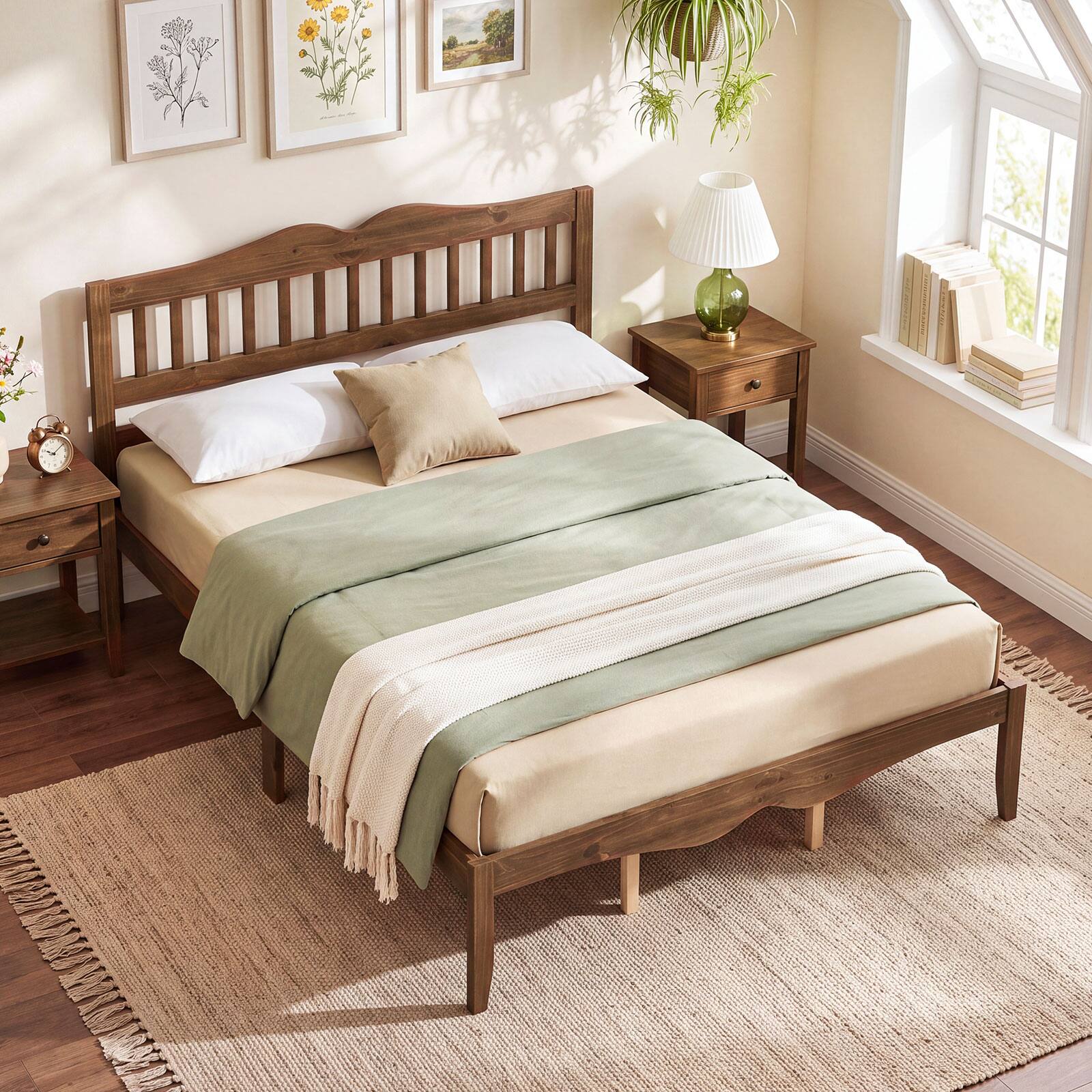 Alt View 5. Costway - Costway Queen Size Platform Bed with Headboard, Solid Wood Frame, Sturdy Wood Slat Support - Walnut.