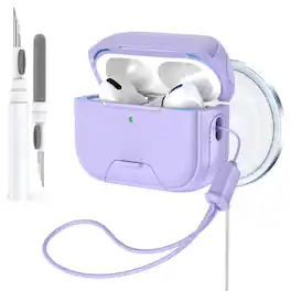 Dteck - Rugged Protective Case for AirPods 4th Gen Shockproof Magnetic Lock Cover with Phone Stand + Lanyard + Cleaning Pen - Purple