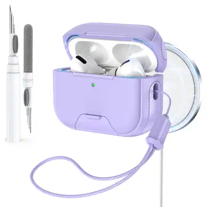 Front. Dteck - Rugged Protective Case for AirPods Pro 2nd Gen Shockproof Magnetic Lock Cover with Phone Stand + Lanyard + Cleaning Pen - Purple.