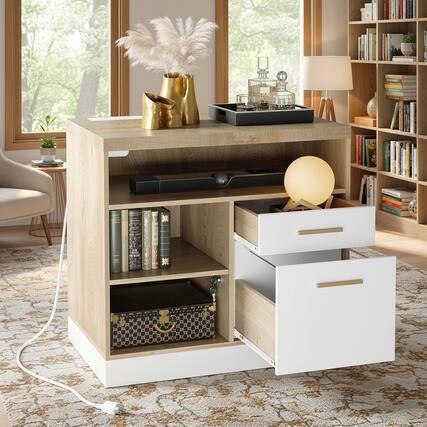 Front. ModernMate - 2 Drawer Wood File Cabinet with Lock, Power Outlets and Storage Shelves.