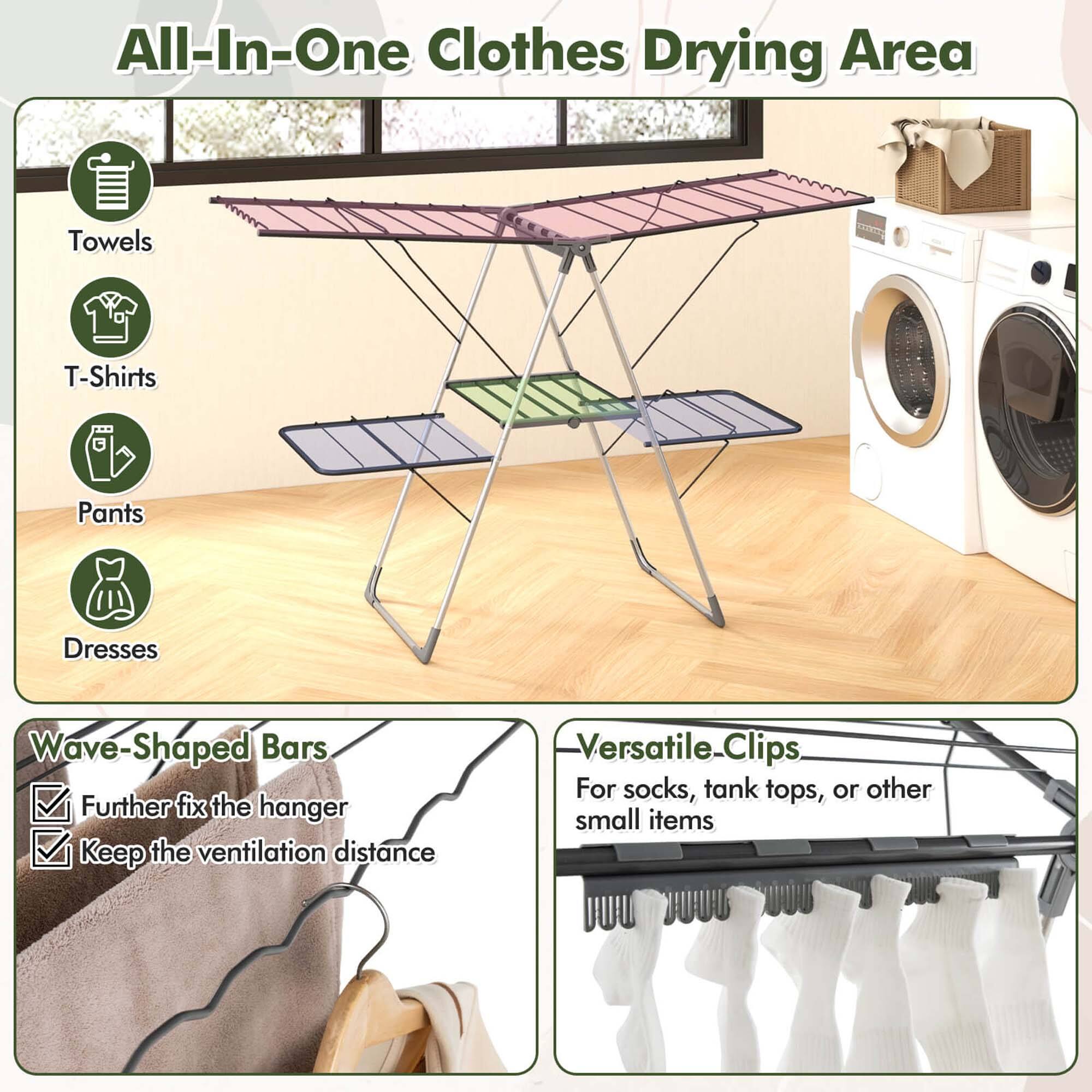 All-In-One Clothes Drying Area

Towels
T-Shirts
Pants
Dresses

Wave-Shaped Bars
Further fix the hanger
Keep the ventilation distance

Versatile Clips
For socks, tank tops, or other small items