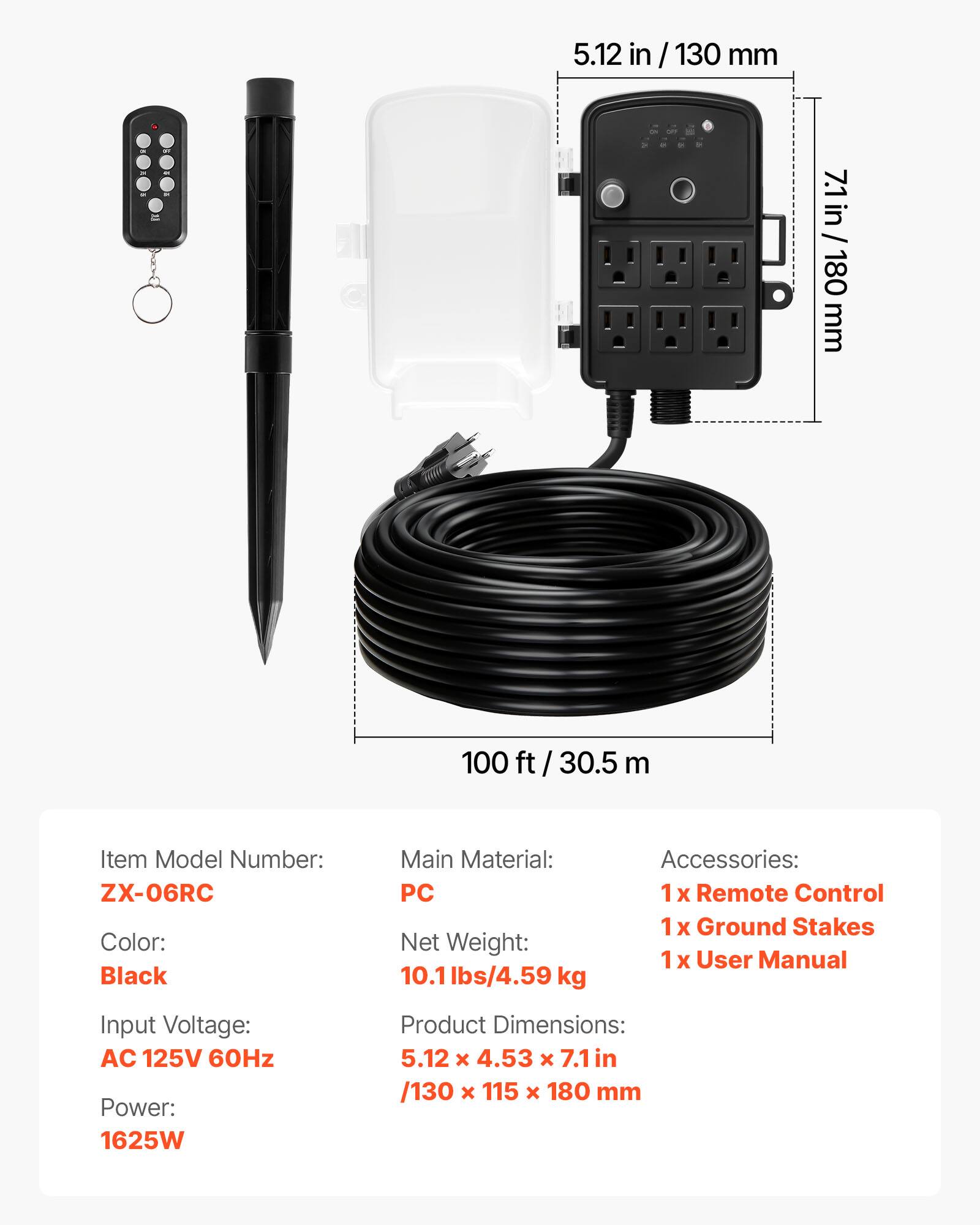 N SP

5.12 in / 130 mm  
7.1 in / 180 mm  
100 ft / 30.5 m

Item Model Number: ZX-06RC  
Color: Black  
Main Material: PC  
Net Weight: 10.1 lbs / 4.59 kg  
Accessories: 1 x Remote Control, 1 x Ground Stakes, 1 x User Manual  
Input Voltage: AC 125V 60Hz  
Power: 1625W  
Product Dimensions: 5.12 x 4.53 x 7.1 in / 130 x 115 x 180 mm