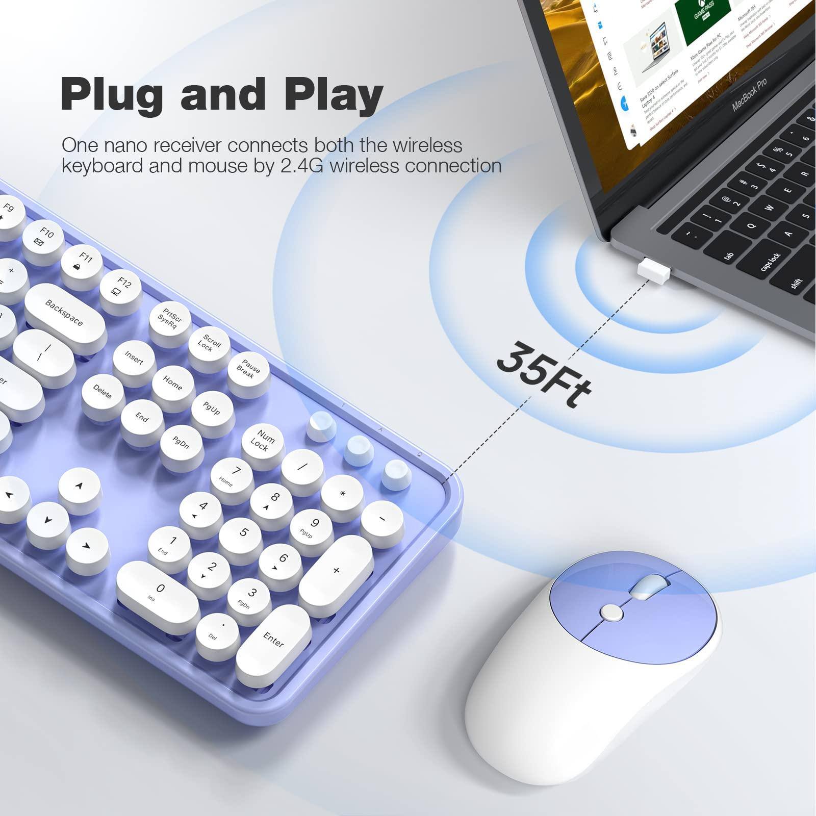 Plug and Play  
One nano receiver connects both the wireless keyboard and mouse by 2.4G wireless connection  

F9 F10 F11 F12  
Backspace SysRq Scroll Lock Pause Break  
Insert Home End PgUp PgDn Num Lock  
Delete 7 8 9 4 5 6 1 2 3 0  
- / * + - . Enter  

35Ft