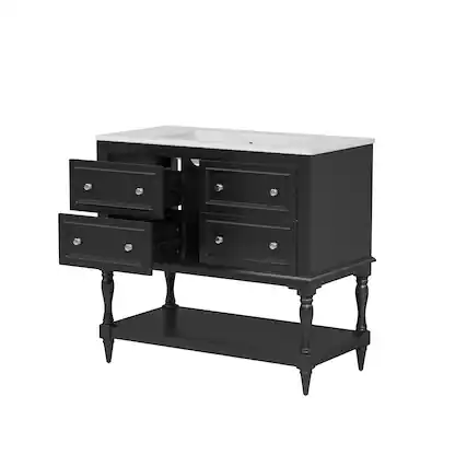 Front. Glintex - 36" Bathroom Vanity with Sink, Freestanding Cabinet, 4 Drawers, Solid Wood Frame, Soft-Close Doors - Black.
