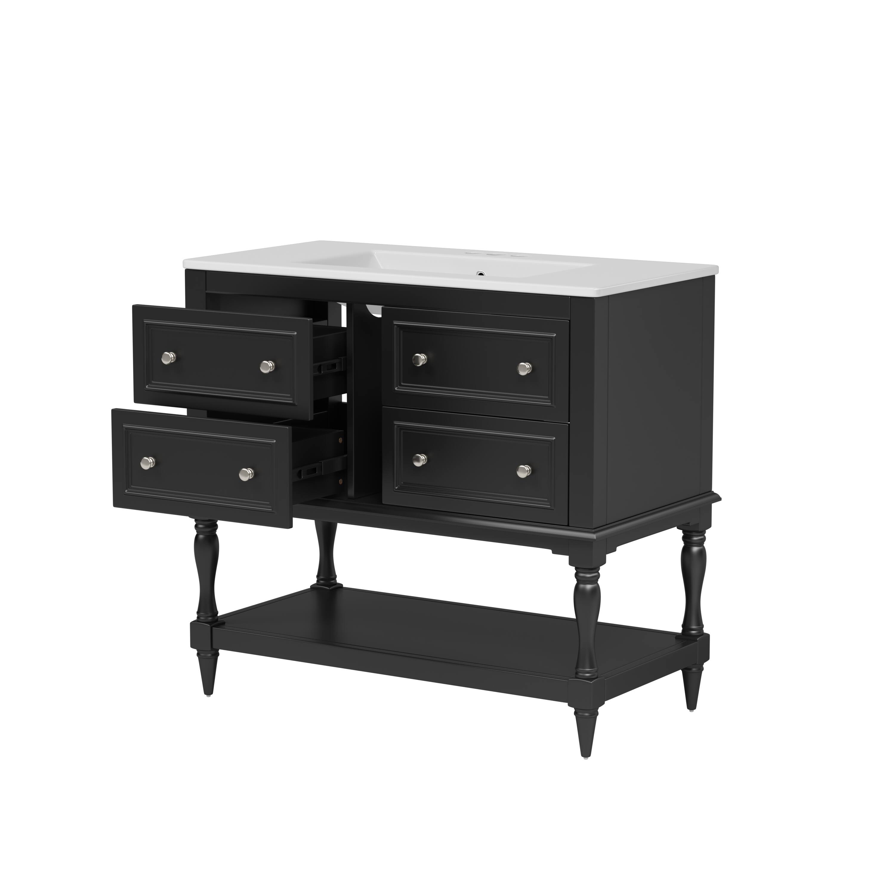 Front. Glintex - 36" Bathroom Vanity with Sink, Freestanding Cabinet, 4 Drawers, Solid Wood Frame, Soft-Close Doors - Black.