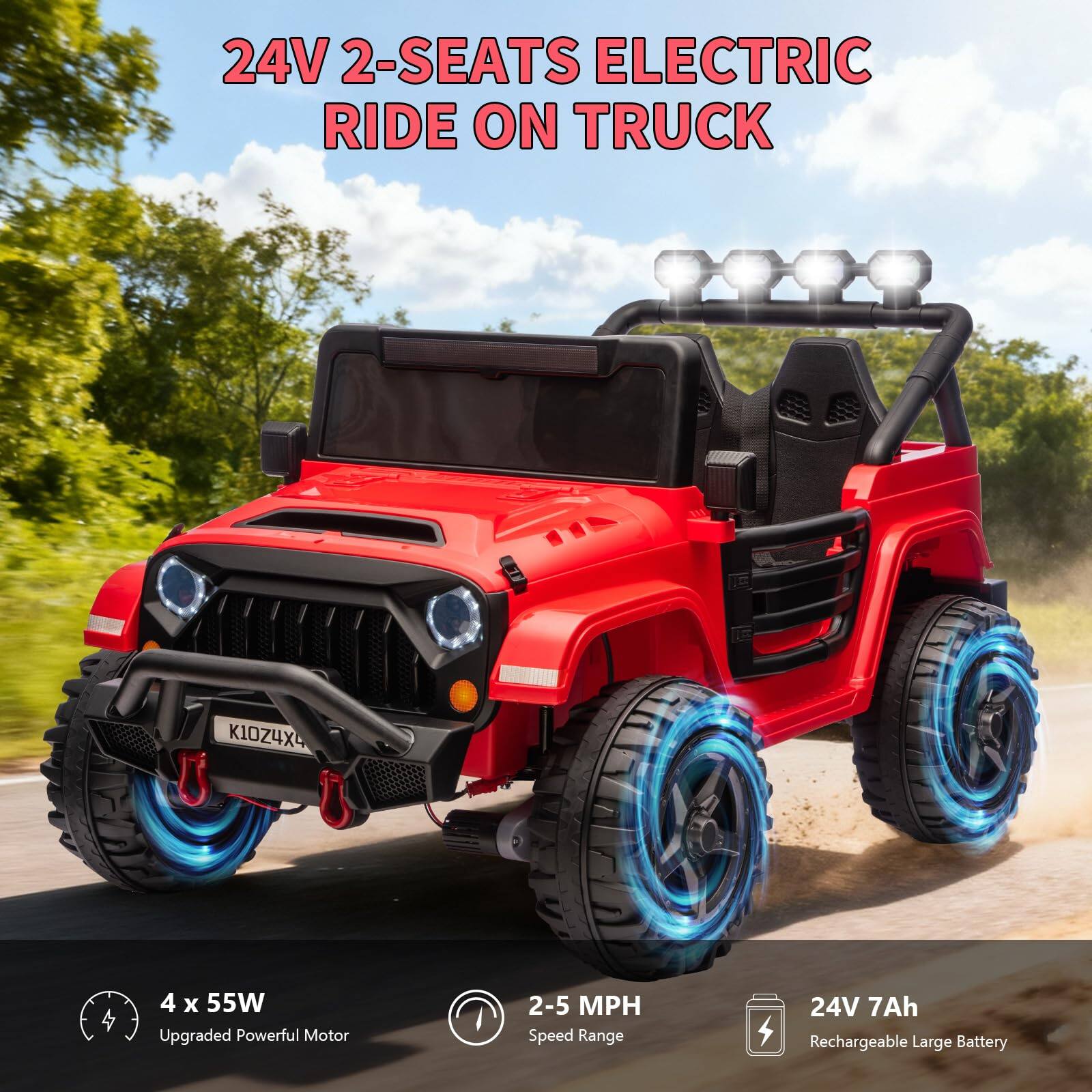 24V 2-SEATS ELECTRIC RIDE ON TRUCK

- 4 x 55W Upgraded Powerful Motor
- 2-5 MPH Speed Range
- 24V 7Ah Rechargeable Large Battery
