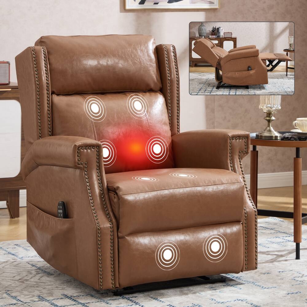 Alt View 7. Ropilly - Ropilly Camel Faux Leather Manual Recliner, Massage Recliner Chair with Lumbar Heat, Pillow Back and Square Arms - Camel.