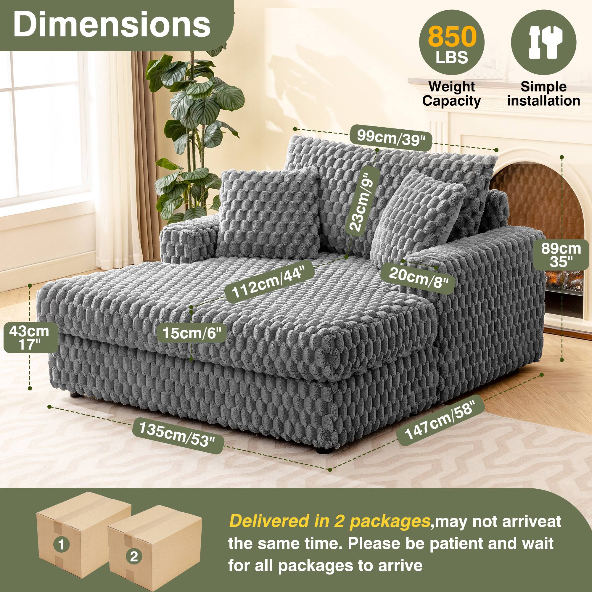 Dimensions: 112cm/44", 99cm/39", 23cm/9", 20cm/8", 89cm/35", 43cm/17", 15cm/6", 135cm/53", 147cm/58"

Weight Capacity: 850 LBS

Simple installation

Delivered in 2 packages, may not arrive at the same time. Please be patient and wait for all packages to arrive