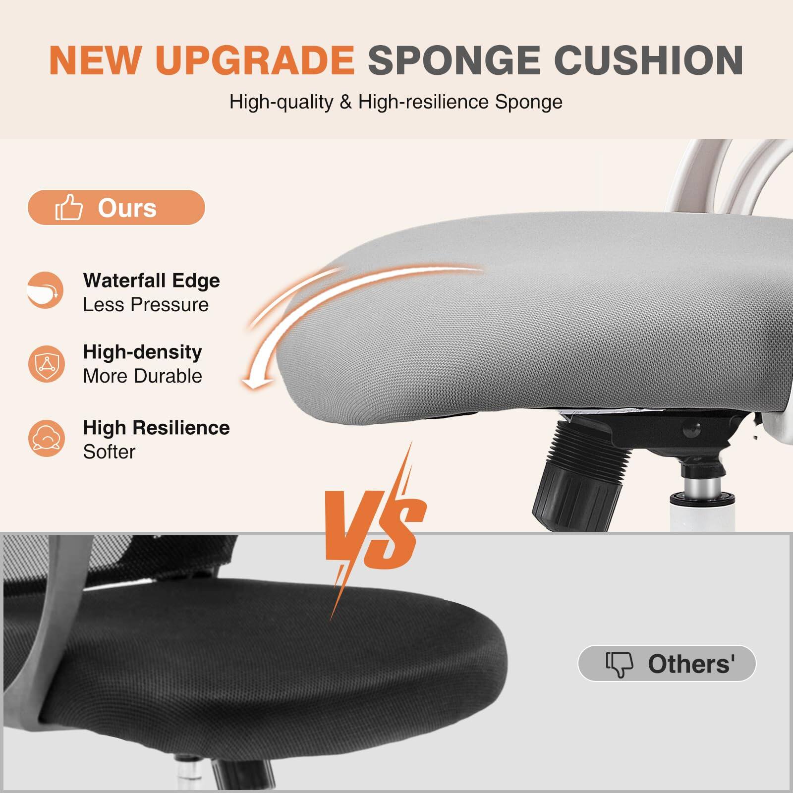 NEW UPGRADE SPONGE CUSHION  
High-quality & High-resilience Sponge  

Ours  
- Waterfall Edge  
  Less Pressure  
- High-density  
  More Durable  
- High Resilience  
  Softer  

VS  

Others'