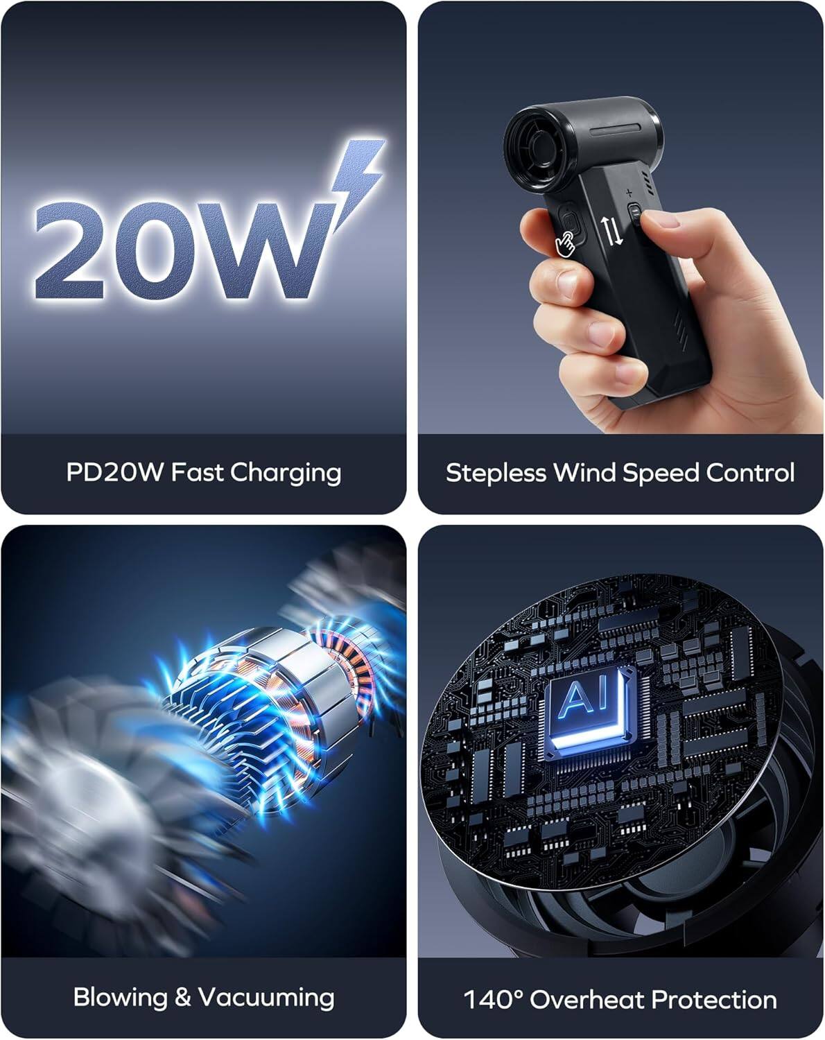 20W  
PD20W Fast Charging  
Stepless Wind Speed Control  
Blowing & Vacuuming  
140° Overheat Protection