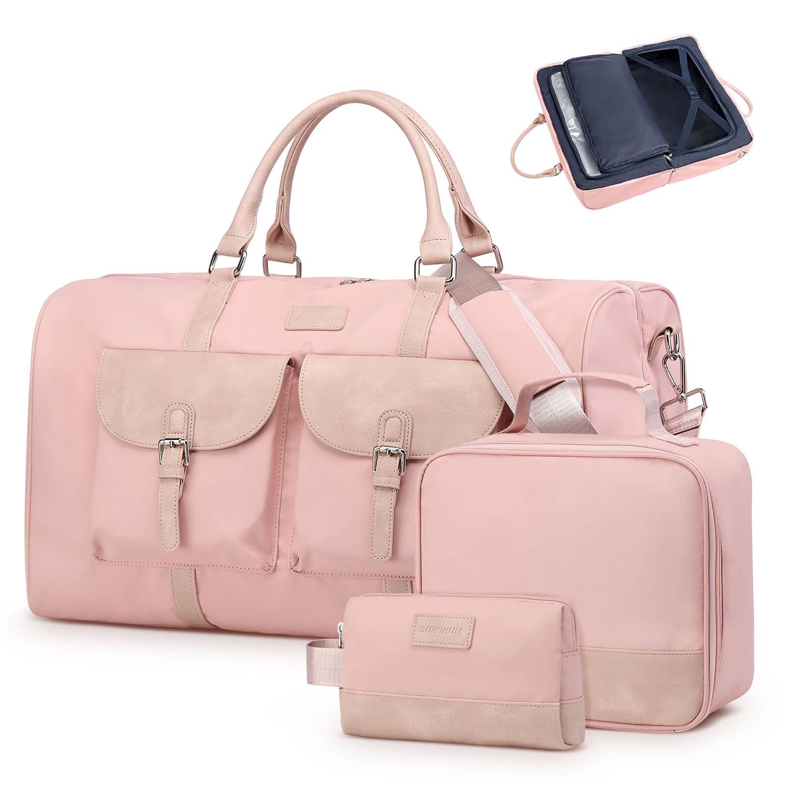 Front. Unique Bargains - 3pcs Lay-Flat Duffel Bag Set Stylish Weekend Travel Set with Laptop Sleeve & Wet/Dry Storage Carry-On & Short Getaways - Pink.