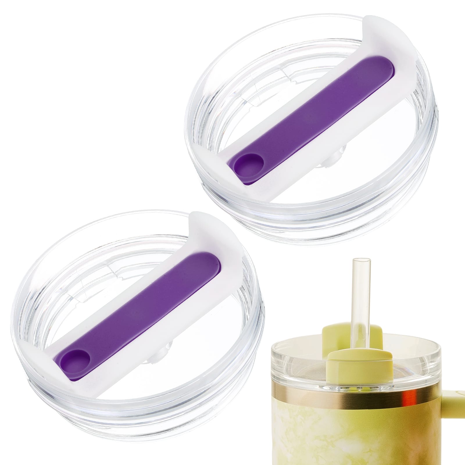 Unique Bargains - 2pcs 40oz Travel Tumbler Lid Replacement for Stanley Cup, Spill Proof Splash Resistant (Transparent) - White/Dark Purple