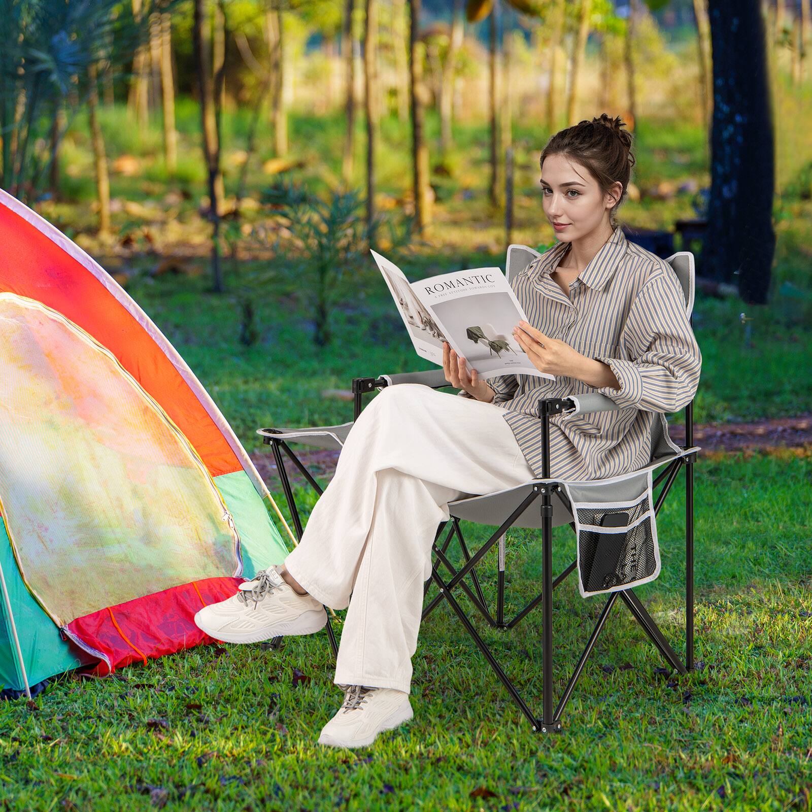 Alt View 3. Gymax - Gymax Oversized Camping Chair w/Side Table 2 Storage Pockets Cup Holder for Fishing Gray - Gray.