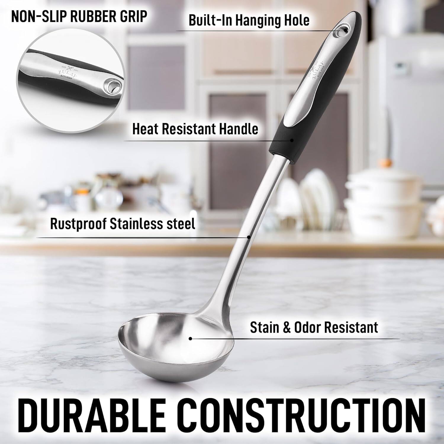 Here is the corrected and grouped text:

- Non-Slip Rubber Grip
- Built-In Hanging Hole
- Heat Resistant Handle
- Rustproof Stainless Steel
- Stain & Odor Resistant
- Durable Construction