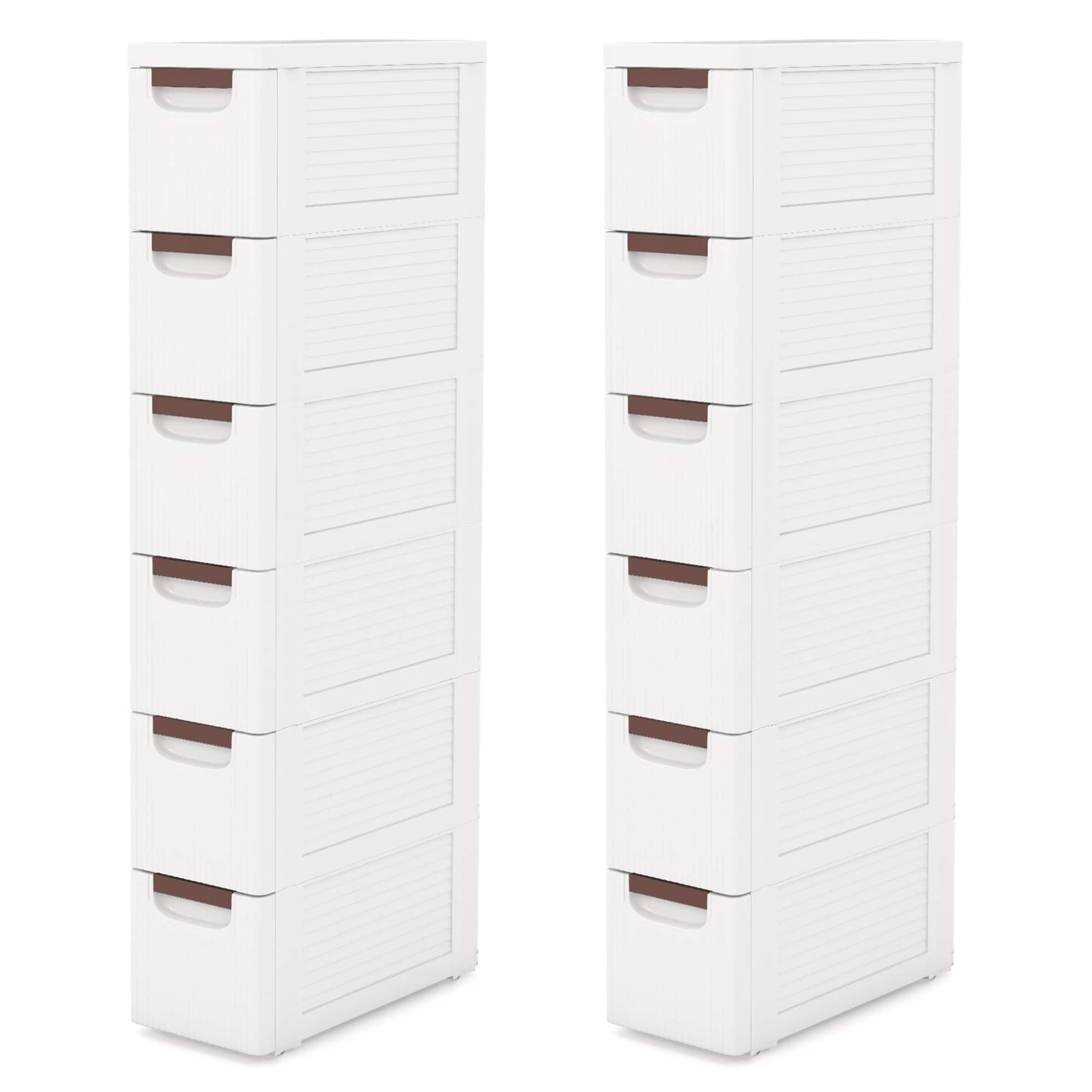 Gymax - 2PCS 6-Drawer Narrow Rolling Storage Cabinet w/ Pull Handles Built-in Wheels - White