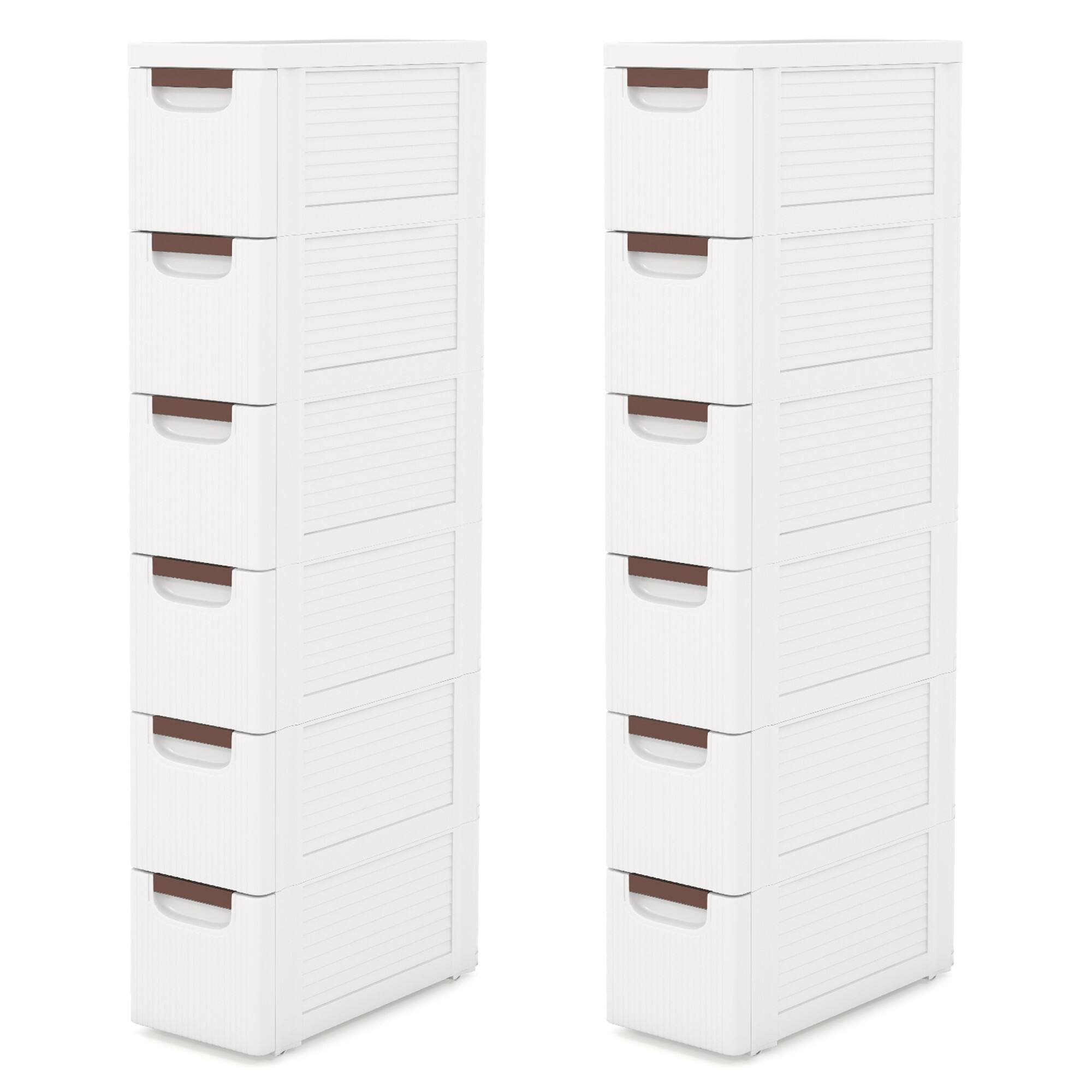Front. Gymax - Gymax 2PCS 6-Drawer Narrow Rolling Storage Cabinet w/ Pull Handles Built-in Wheels - White.
