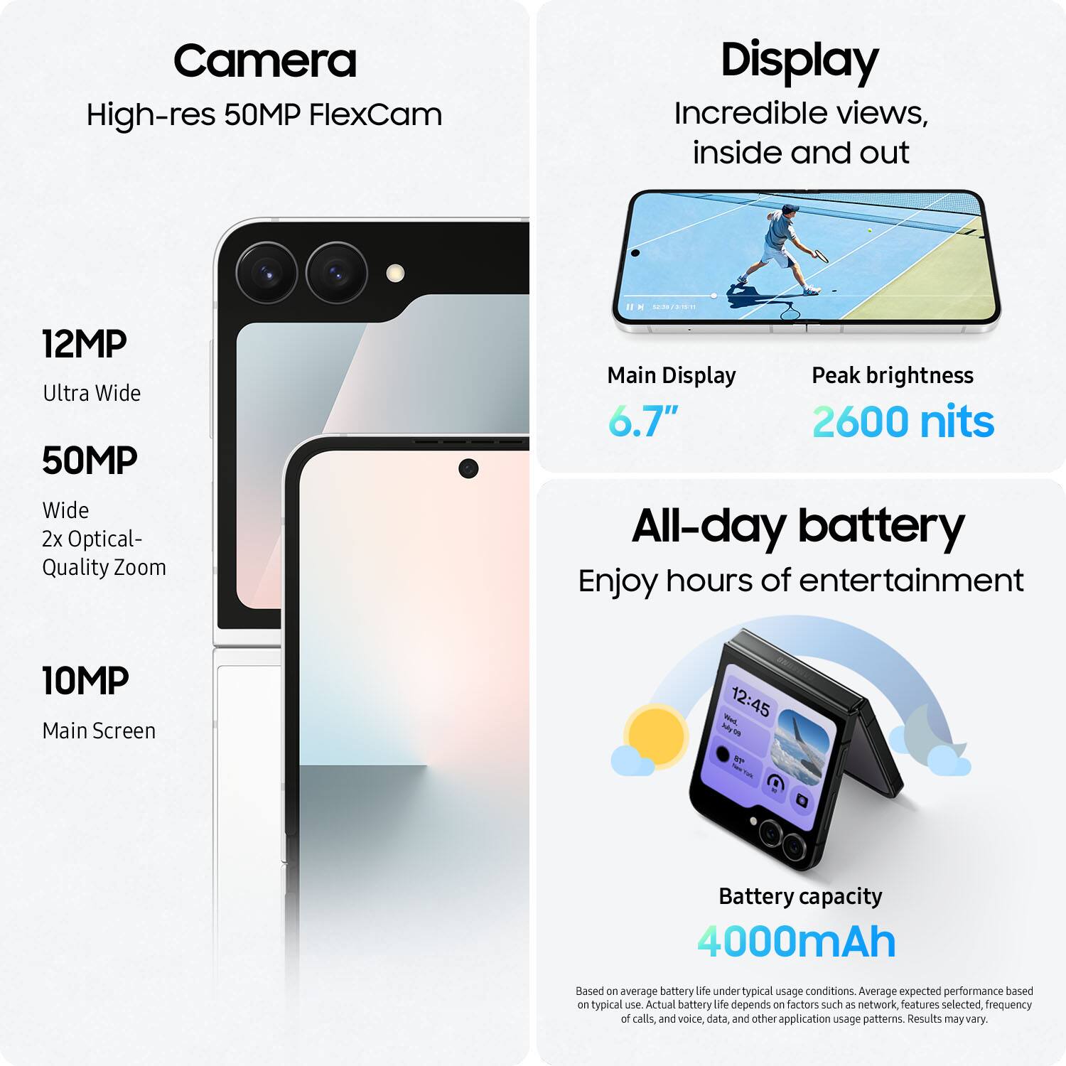 Camera: High-res 50MP FlexCam
12MP Ultra Wide
50MP Wide 2x Optical- Quality Zoom
10MP Main Screen

Display: Incredible views, inside and out
Main Display 6.7"
Peak brightness 2600 nits

All-day battery: Enjoy hours of entertainment
Battery capacity 4000mAh

Based on average battery life under typical usage conditions. Average expected performance based on typical use. Actual battery life depends on factors such as network, features selected, frequency of calls, and voice, data, and other application usage patterns. Results may vary.