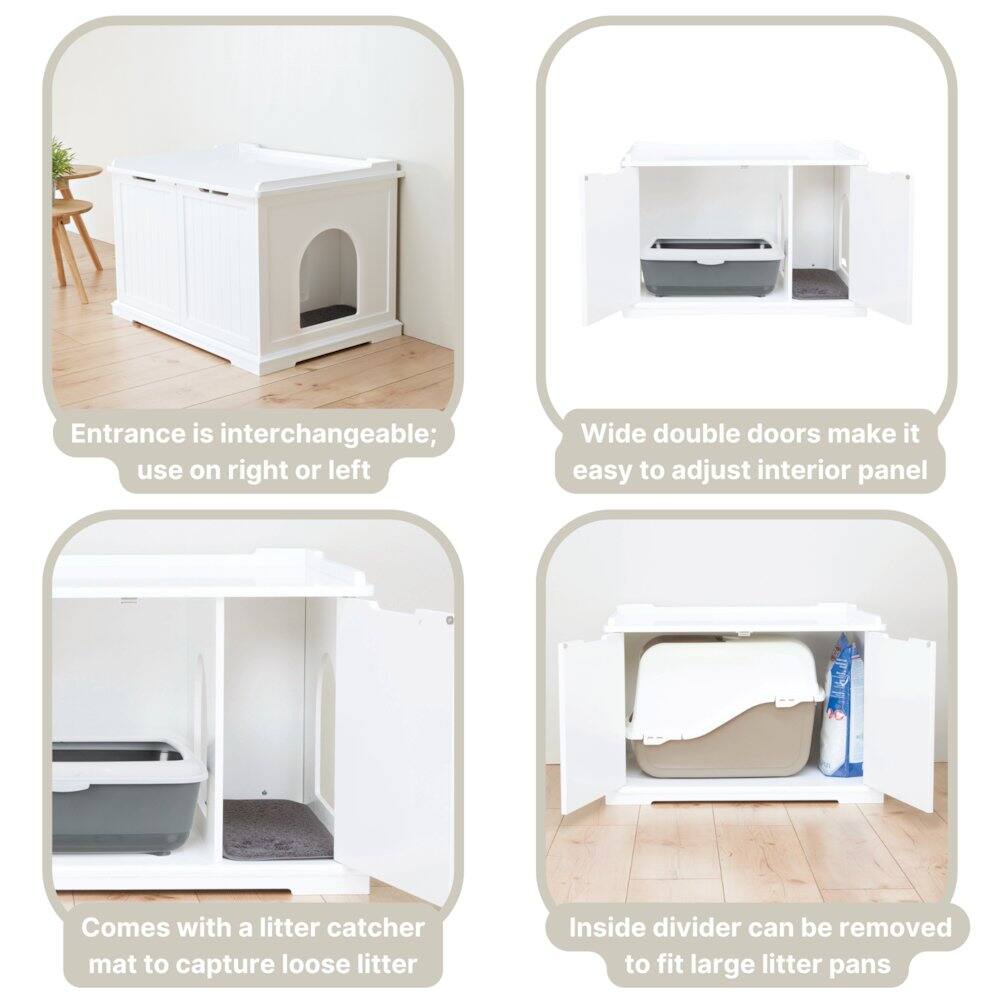 - Entrance is interchangeable; use on right or left
- Wide double doors make it easy to adjust interior panel
- Comes with a litter catcher mat to capture loose litter
- Inside divider can be removed to fit large litter pans