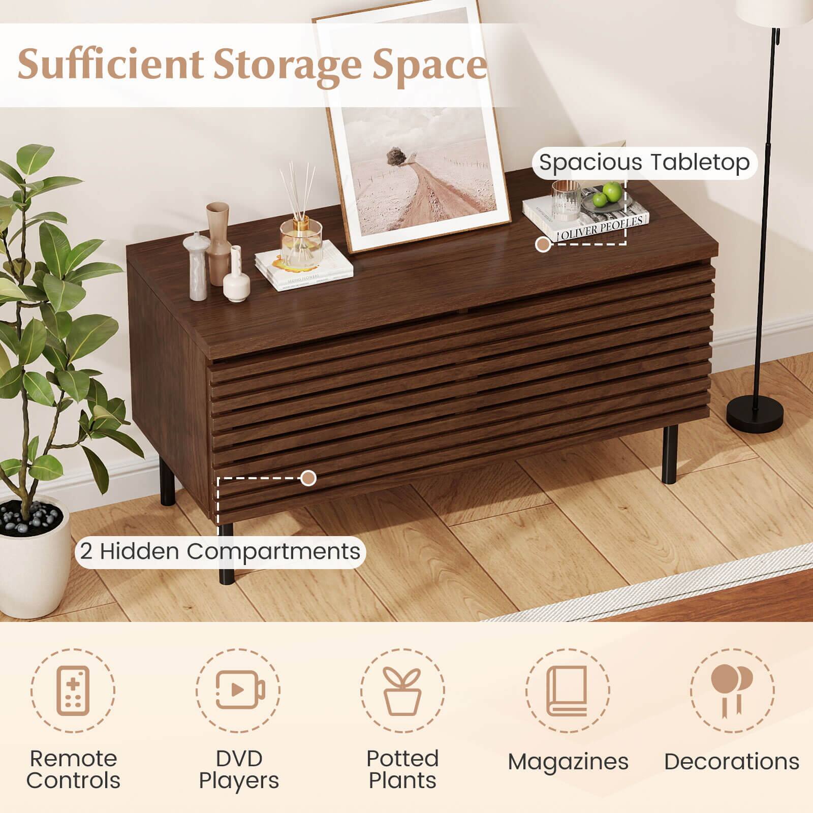Sufficient Storage Space  
Spacious Tabletop  
OLIVER PEOFLES  
2 Hidden Compartments + Remote Controls  
DVD Players  
Potted Plants  
Magazines  
Decorations